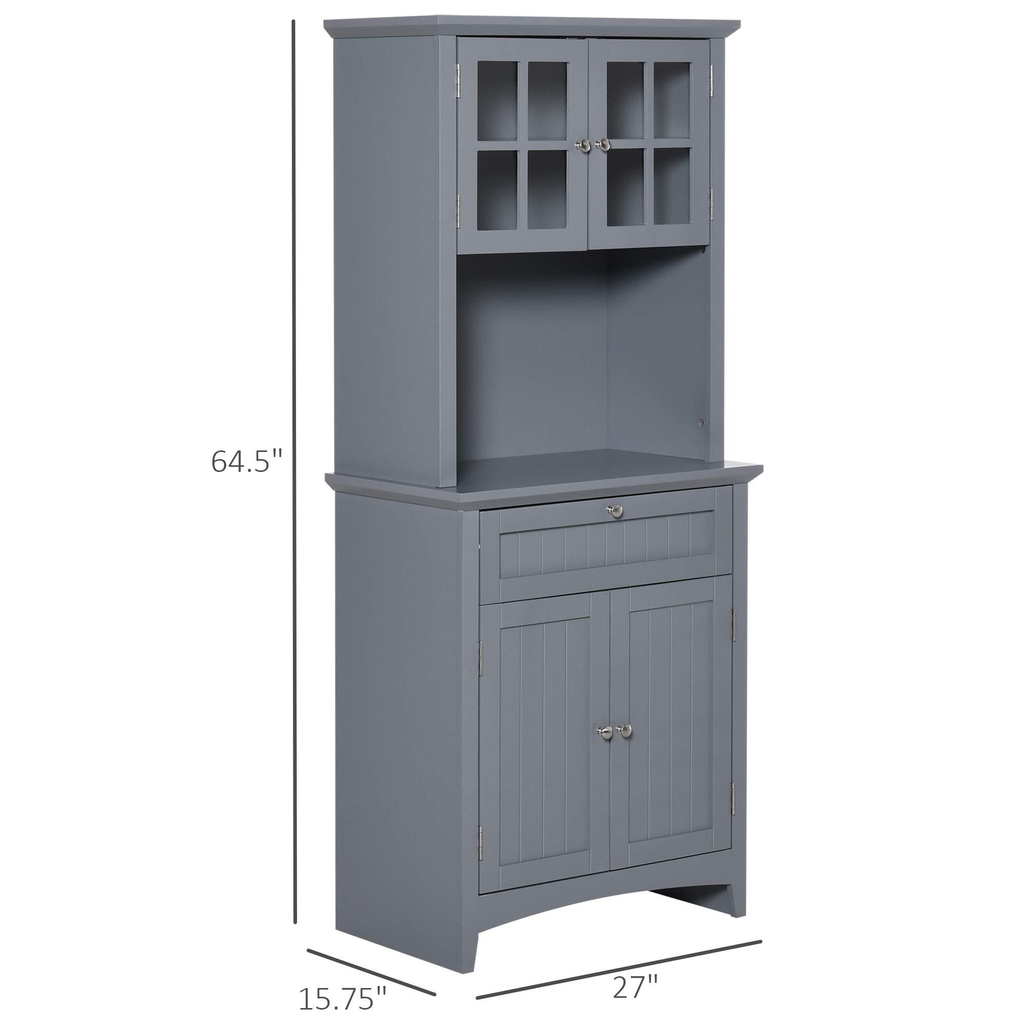 HOMCOM Elegant Buffet Hutch with Glass Doors - Kitchen Pantry Storage Cabinet with Drawers & Microwave Space, Grey - Perfect for Dining Room Storage & Small Kitchen Organization