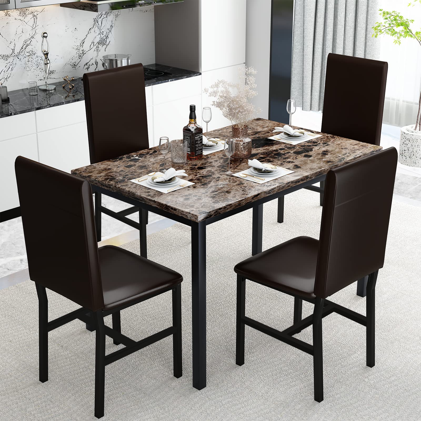 Modern 5-Piece Dining Table Set for 4 - Faux Marble Kitchen Table & 4 Chairs, Compact Brown Dinner Table Set for Small Spaces | Perfect for Apartments, Breakfast Nooks & Cozy Dining Areas