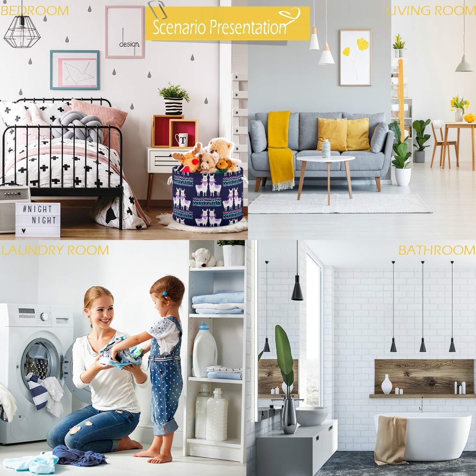 Visesunny Collapsible Storage Basket with Cute Llama Pattern - Nursery Hamper, Toy Organizer & Laundry Bin for Kids Room, Playroom, Bathroom, Living Room, Dorm & Office | Perfect for Organizing Clothes, Toys & Household Items