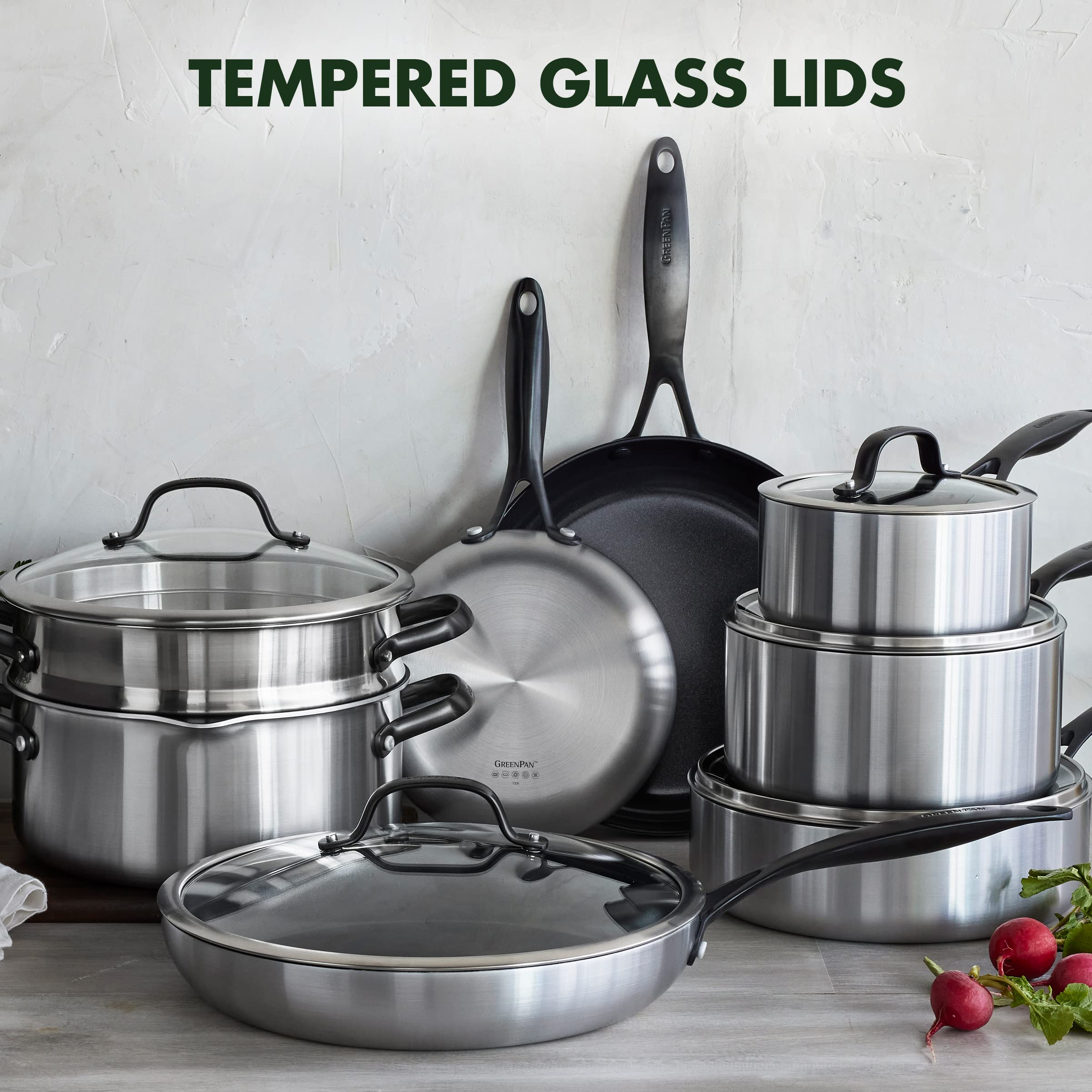 GreenPan Venice Pro Noir Tri-Ply Stainless Steel Healthy Ceramic Nonstick 13-Piece Cookware Set - PFAS-Free, Induction Compatible, Oven & Dishwasher Safe - Matte Black Handles for Modern Kitchens - Perfect for Sautéing, Boiling & Frying