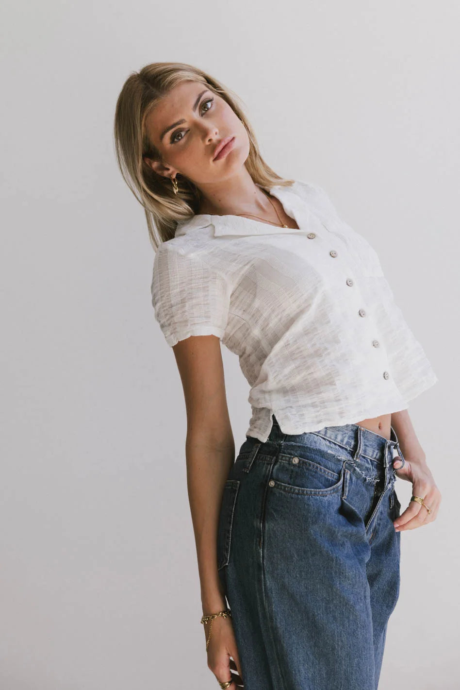 Berenice Women's Textured Button Up Shirt in White - Casual & Office Blouse for Work, Date, and Everyday Wear - FINAL SALE
