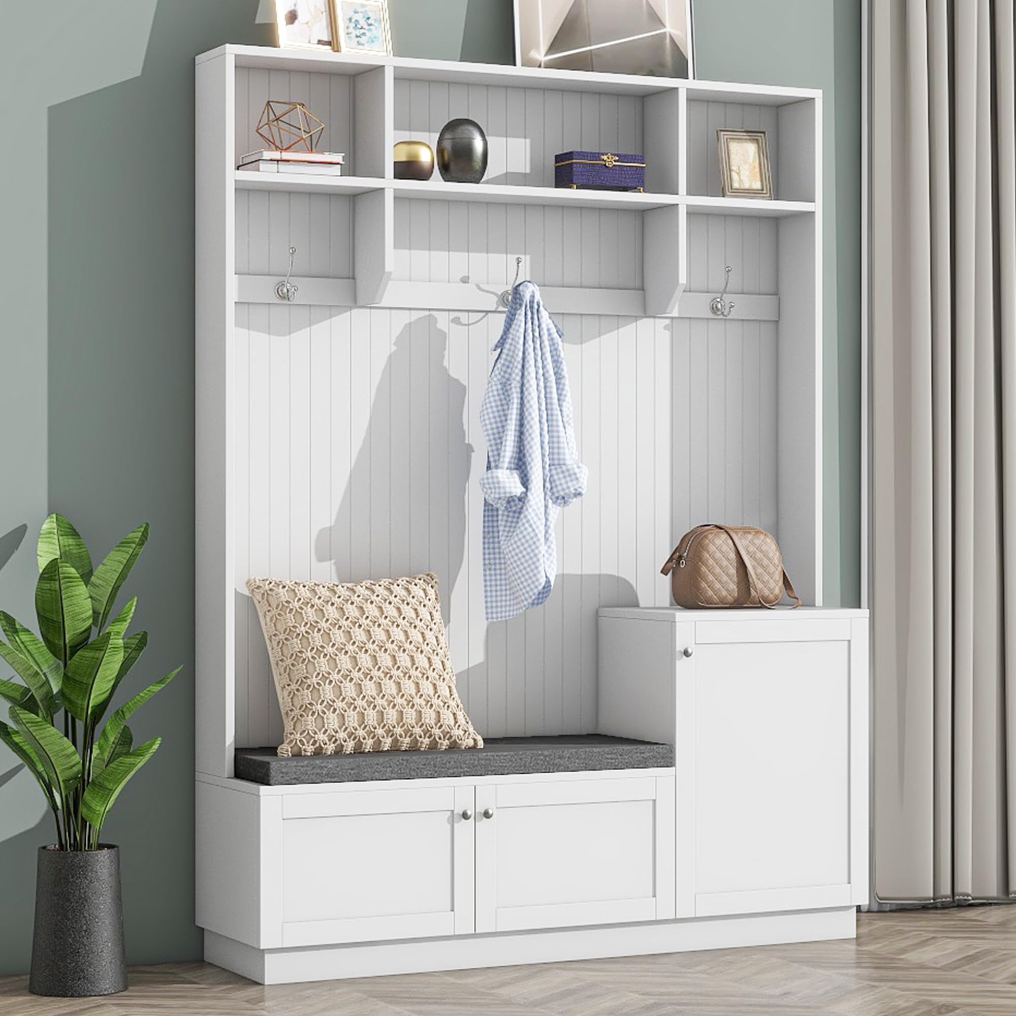 Merax White Hall Tree Coat Rack with Bench & Storage - Entryway Organizer, Shoe Cabinet for Living Room & Hallway - Perfect for Small Spaces, Apartments & Home Entry Organization