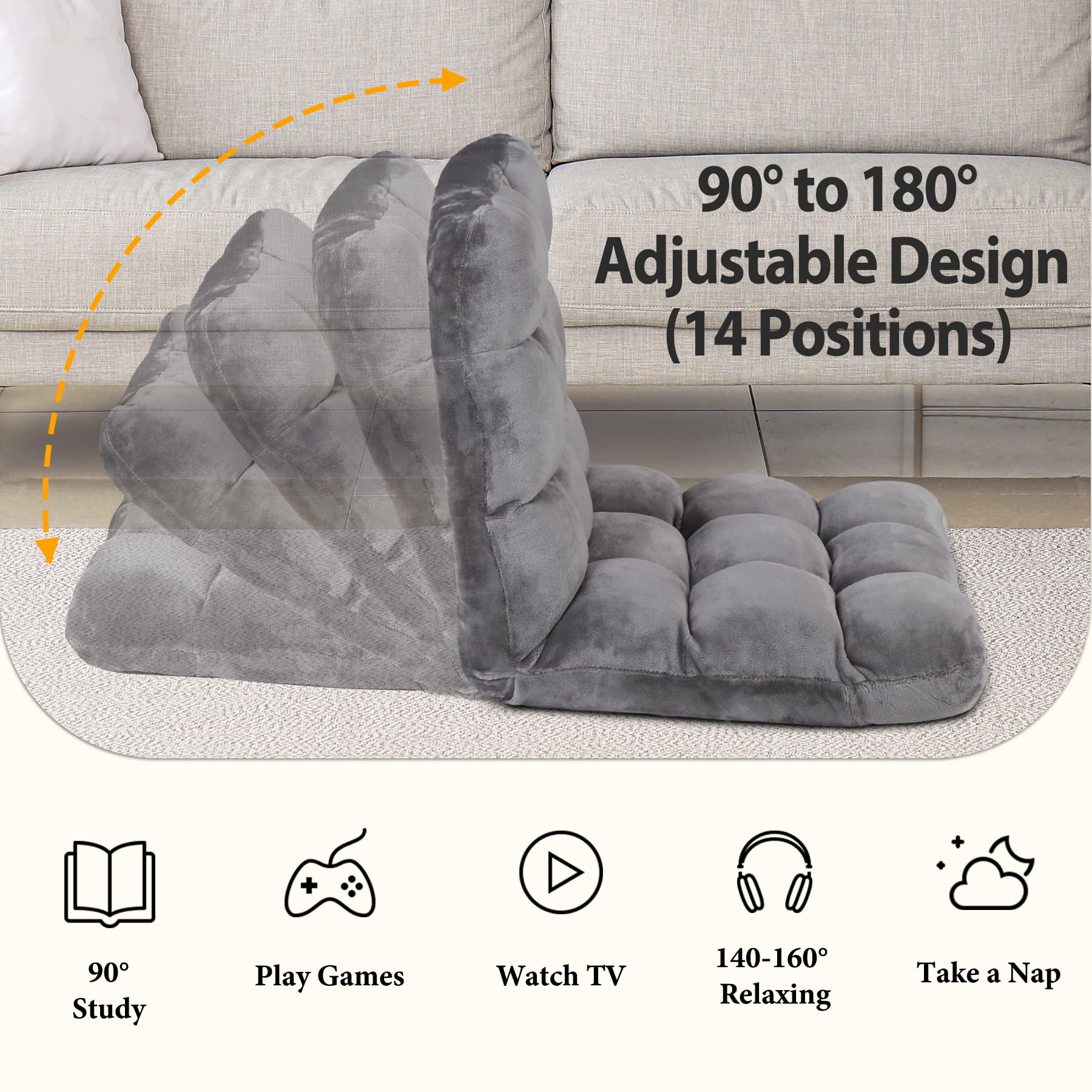 ZENY Adjustable Floor Chair - 14-Position Folding Sofa with Back Support, Padded Sleeper Bed & Recliner - Perfect for Gaming, Meditation, and Relaxation - Ideal for Small Spaces, Living Rooms, and Home Offices