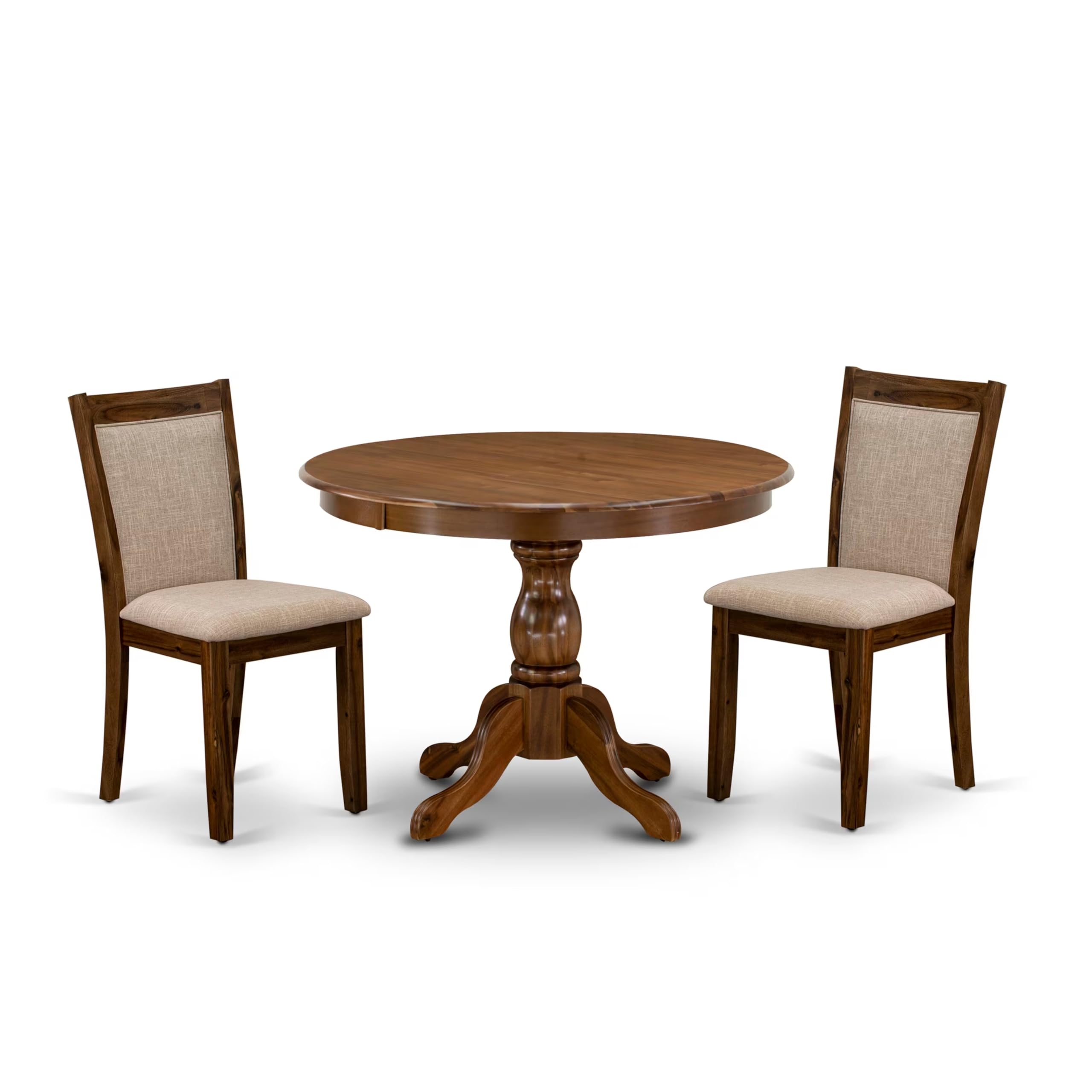 East West Furniture HBMZ3-AWN-04 3-Piece Round Dining Table Set with Pedestal Base & 2 Light Tan Linen Upholstered Chairs, 42x42 Inch, Antique Walnut - Perfect for Small Spaces, Breakfast Nooks & Cozy Kitchen Dining Areas