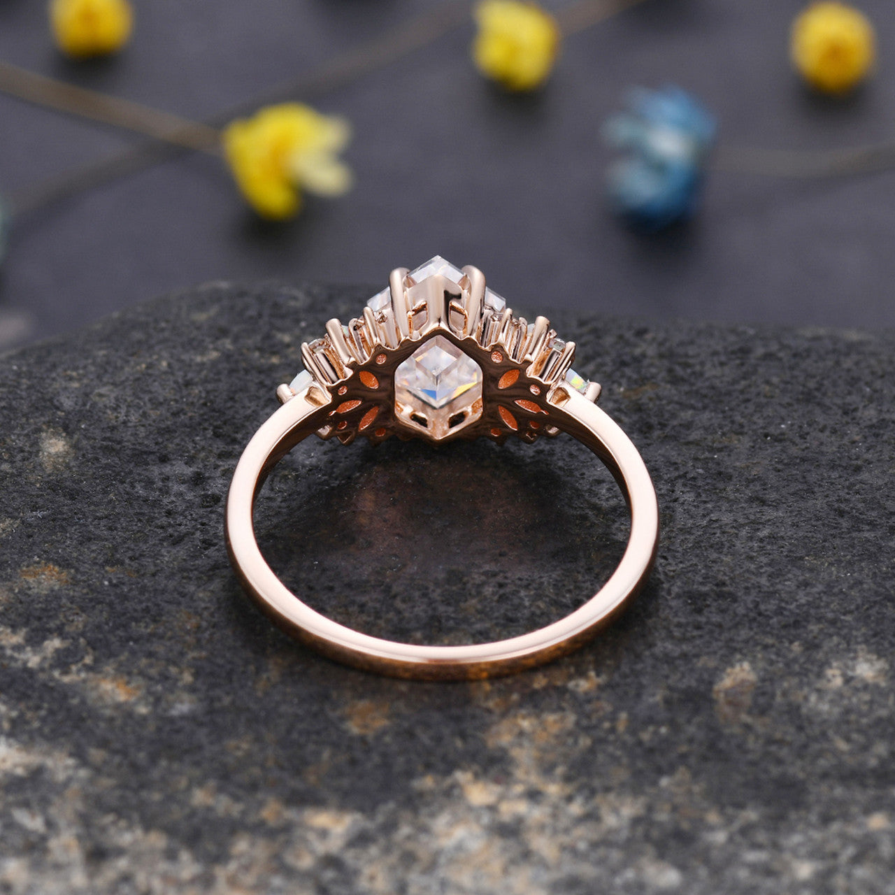 Vintage Hexagon Cut Moissanite Opal Engagement Ring - Rose Gold Promise Ring for Women, Wedding, Proposal & Anniversary Gifts | Elegant Jewelry for Special Occasions