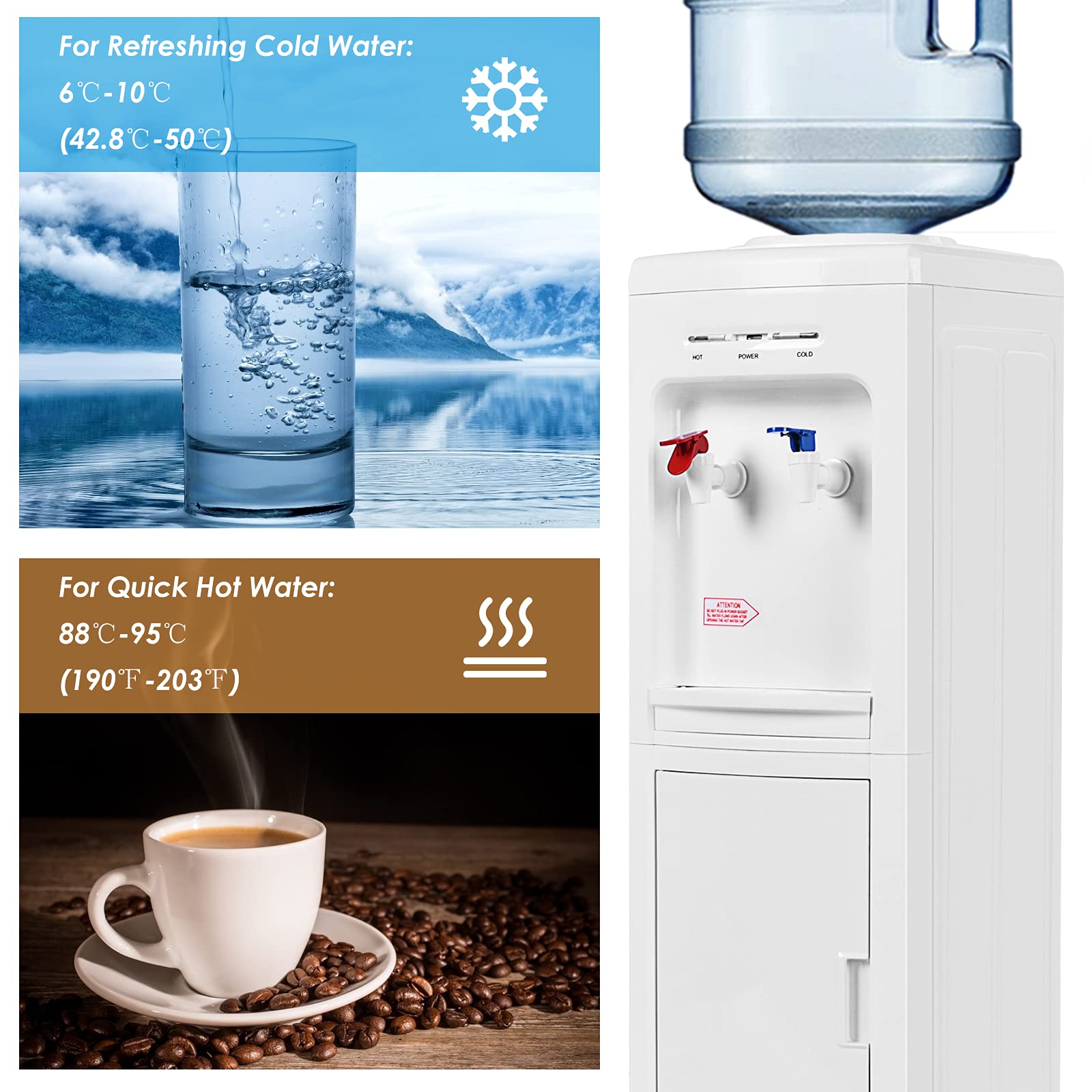 GOFLAME Top Loading Water Cooler Dispenser with Hot & Cold Water - 3-5 Gallon Capacity, Storage Cabinet & Child Safety Lock - Perfect for Home, Office & Dorm Use