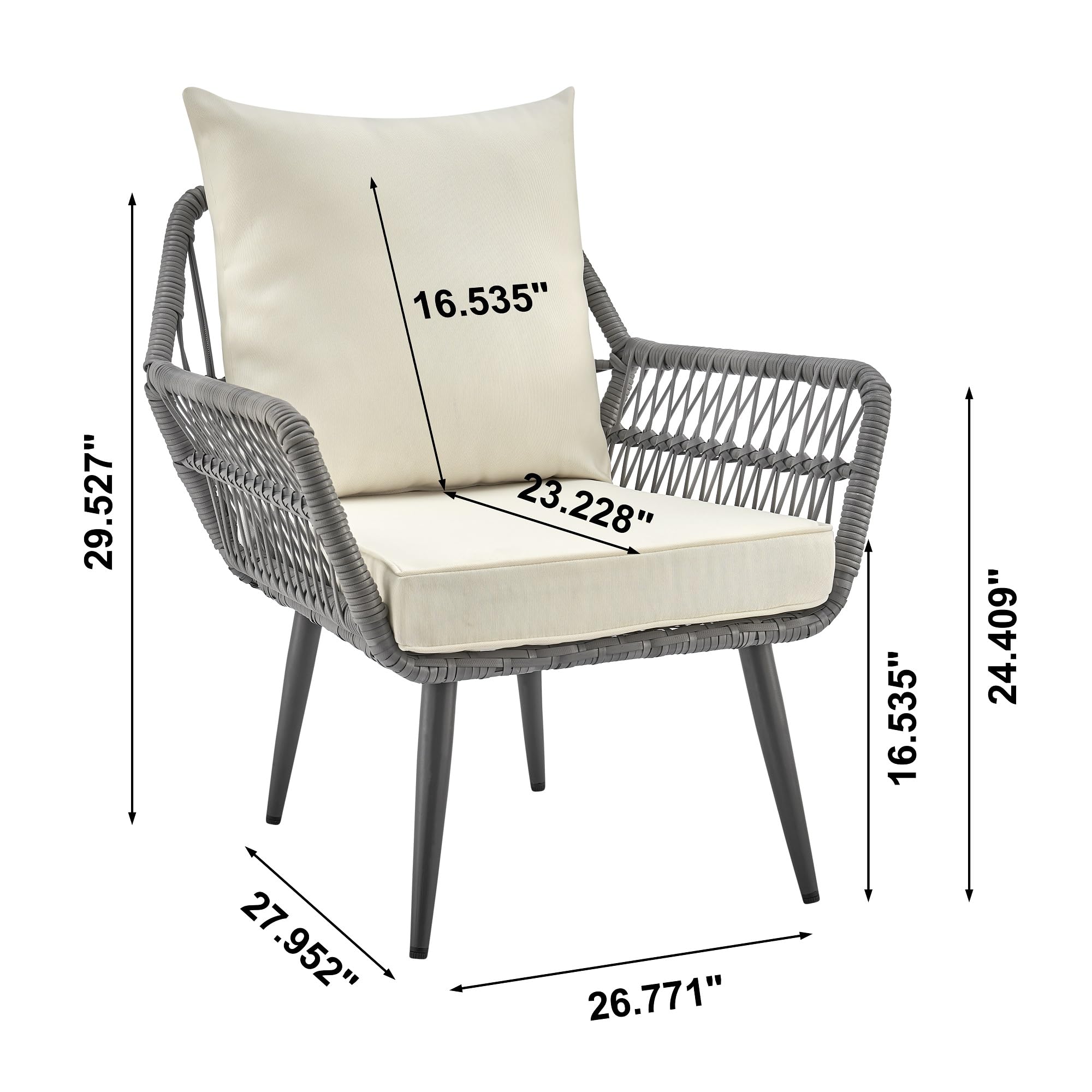 Modern Cannes 3-Piece Patio Conversation Set with Cushioned Rope Wicker Chairs & Glass Top End Table - Outdoor Furniture for Garden, Balcony, Poolside - Washable Cream Cushions & Durable Wicker Design