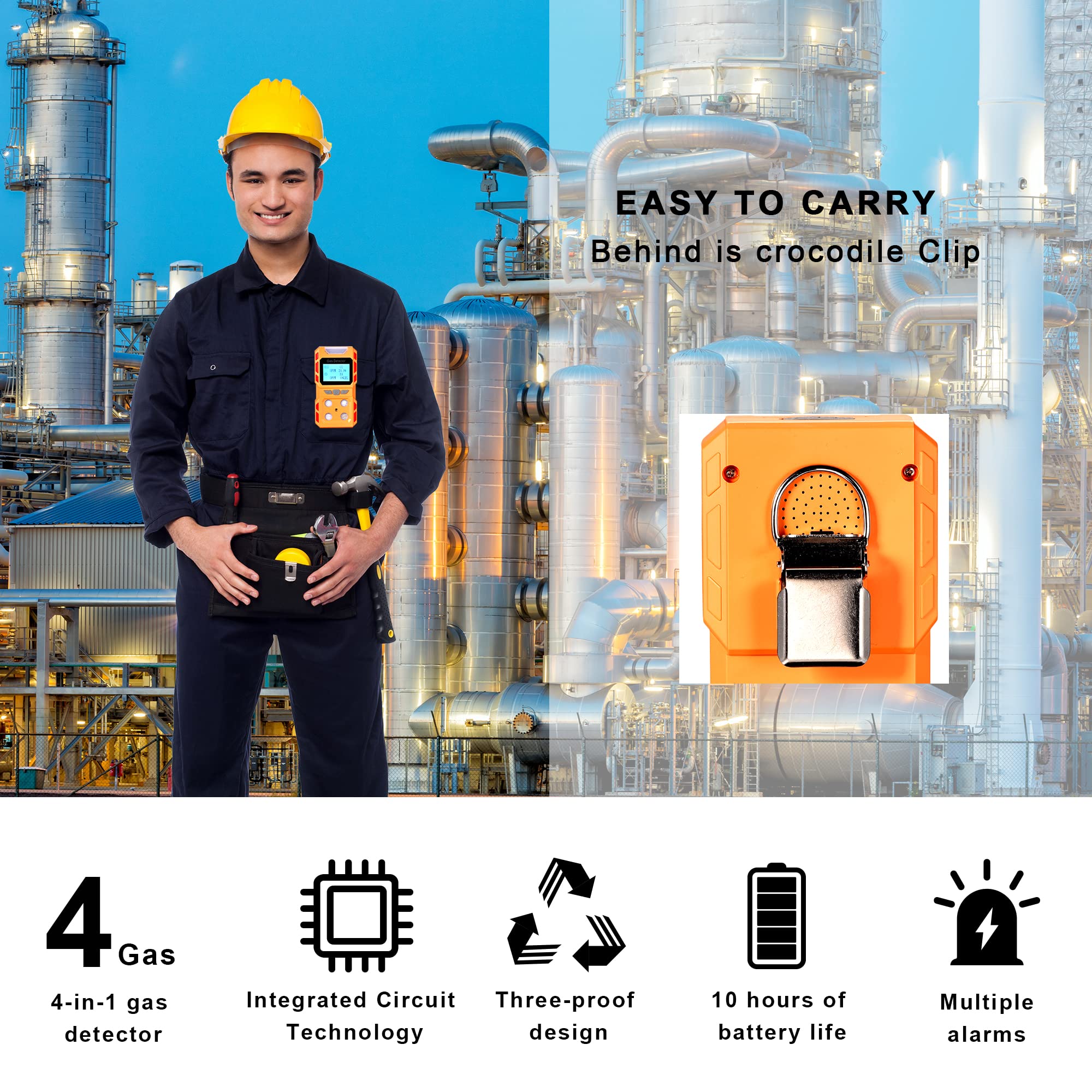 Upgrade 4-in-1 Portable Gas Detector - Handheld Multi-Gas Monitor with Digital LCD Display & Rechargeable Battery - Methane, CO, O2, H2S Gas Leak Tester for Home Safety, Industrial Use & Confined Space Detection (Orange)