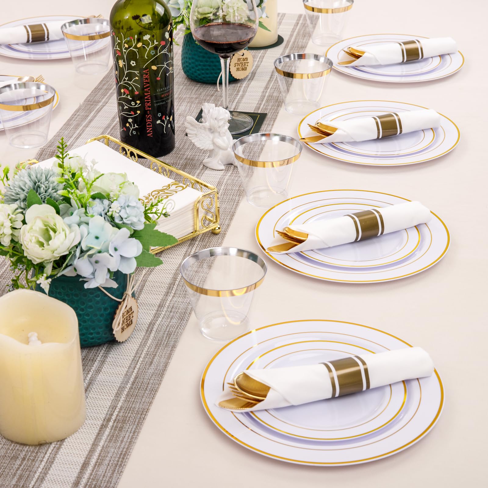350-Piece Gold Dinnerware Set for 50 Guests - Elegant Disposable Gold Plastic Plates & Cutlery Includes 50 Dinner Plates, 50 Dessert Plates, 50 Pre-Rolled Napkins with Gold Silverware - Perfect for Weddings, Parties, Banquets & Special Events