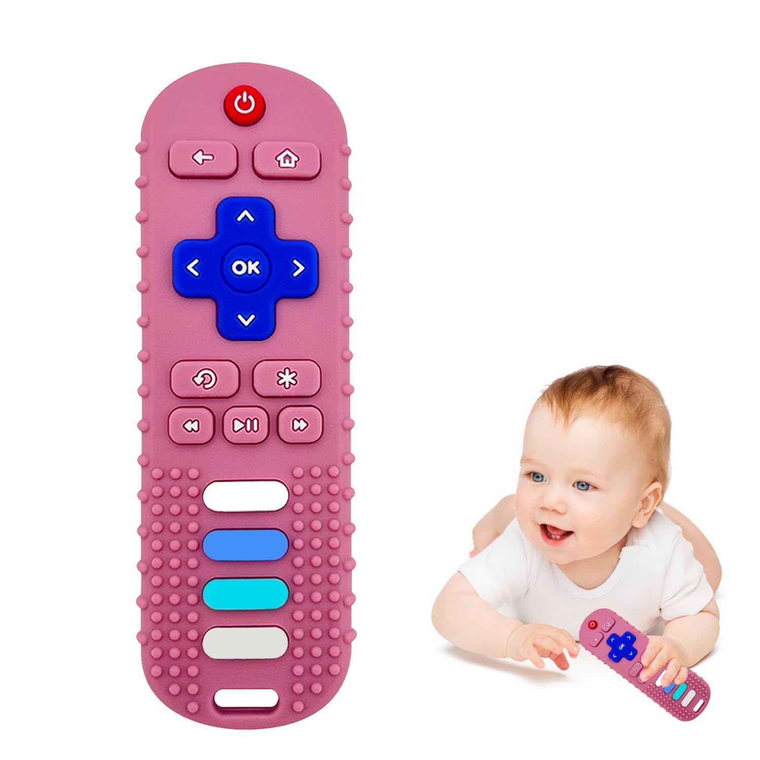 **Organic Baby Teething Toys - BPA Free, Food Grade Silicone Teether for Infants 3-18 Months | TV Remote Shaped Chew Toy for Soothing Sore Gums | Freezer Safe, Perfect for Home, Travel & Daycare (Pink RC)**