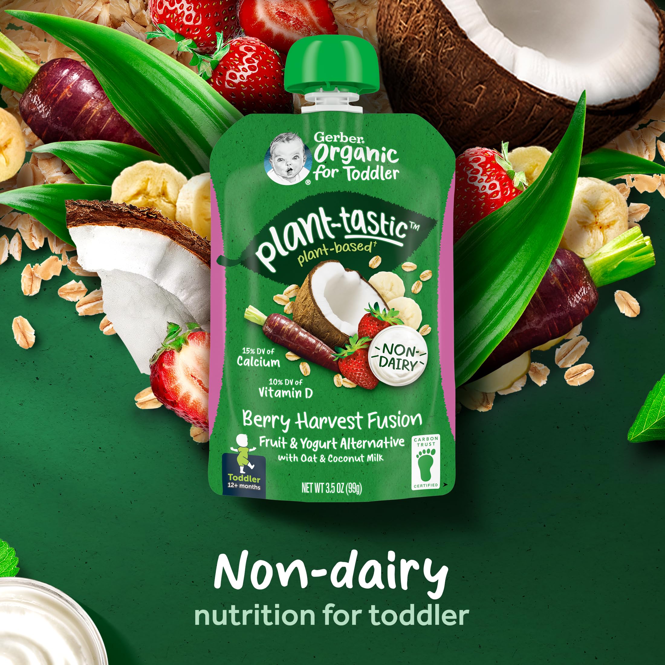 Gerber Organic Baby Food Pouches - Plant-tastic Berry Harvest Fusion with Oat & Coconut Milk | Non-Dairy Fruit & Yogurt Alternative for Toddlers | 3.5 oz (Pack of 12) | Healthy On-the-Go Snack for Daycare, Travel & Outdoor Activities