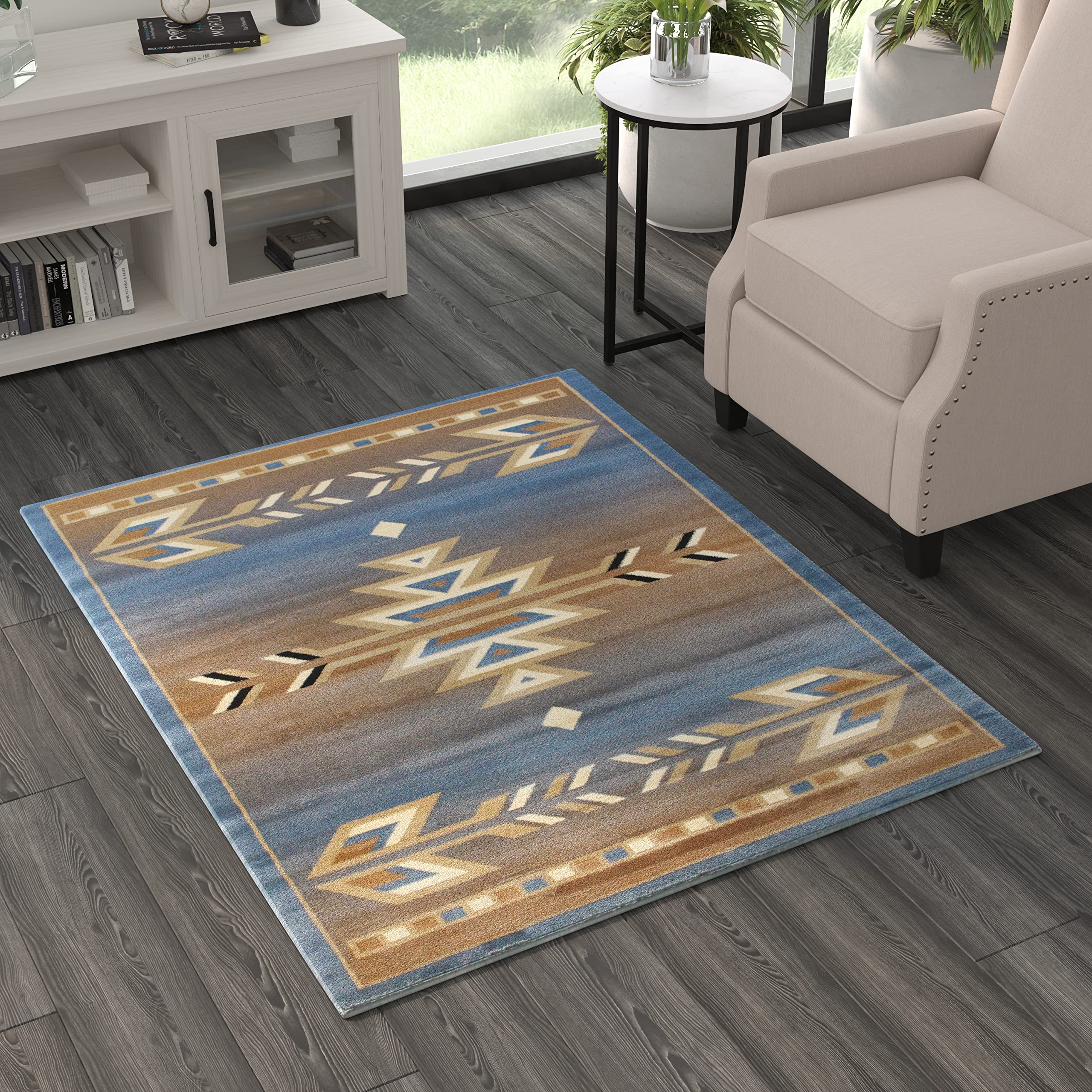 Masada Southwest 4'x5' Native American Area Rug - Blue Tribal Design Handmade Wool Rug for Living Room, Bedroom & Boho Decor