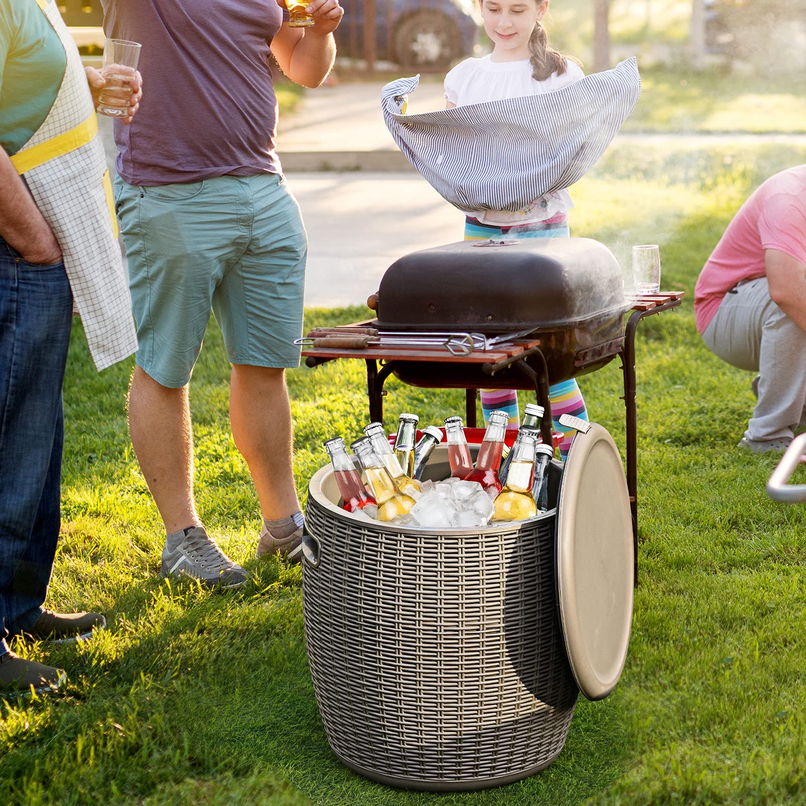 Tangkula 9.5 Gallon Outdoor Cooler Bar Table - Wicker Patio Ice Bucket Side Table with Lid & Handles - Perfect for Beer, Wine & Drinks - Ideal for Poolside, Deck, Backyard Parties & Outdoor Entertaining
