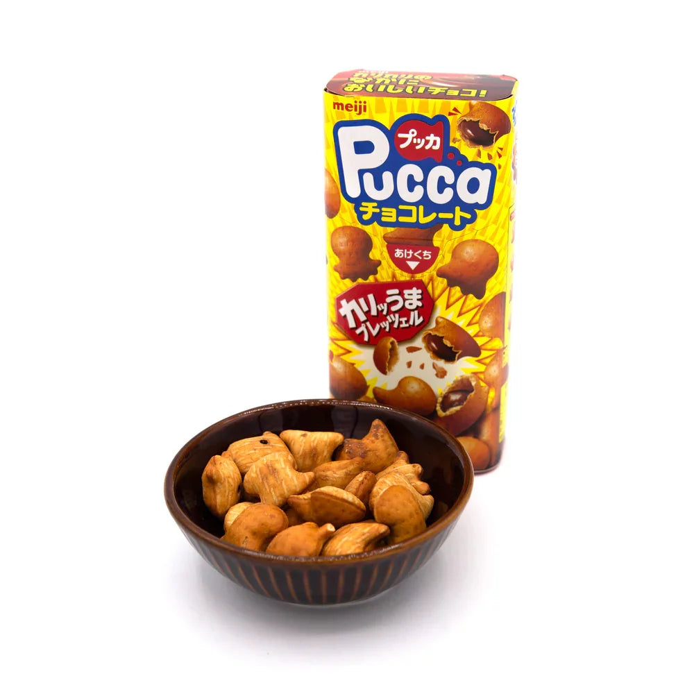 Crunchy Meiji Pucca Chocolate Filled Pretzel Snacks - 39g (Pack of 5) | Japanese Sweet & Salty Treat for Office, School & Travel Snacking