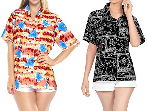 LA LEELA Women's Hawaiian Blouse Shirt - Summer Beachwear Aloha Shirt, Work from Home & Vacation Outfit - Combo Pack of 2 (Size X-Large) | Perfect for Beach Trips, Tropical Vacations & Casual Office Wear