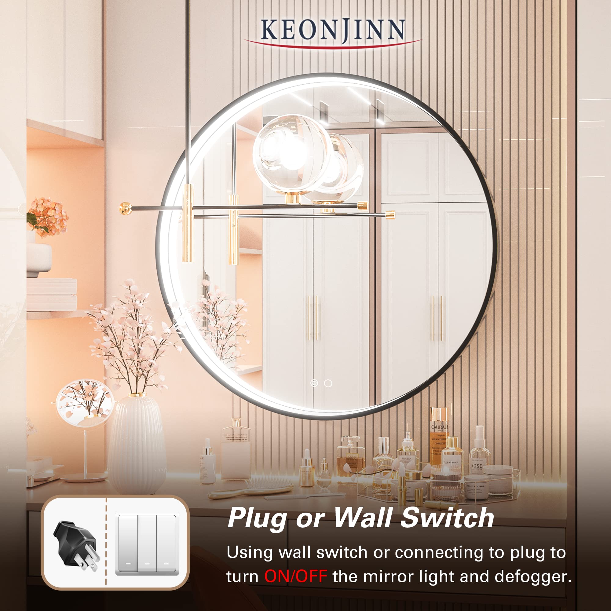 Keonjinn 24 Inch Round LED Bathroom Mirror with Dimmable Frontlit Lights - Black Metal Framed Wall Mirror with Defogging Function - 6000K White Light Vanity Makeup Mirror for Bathroom, Bedroom & Dressing Room