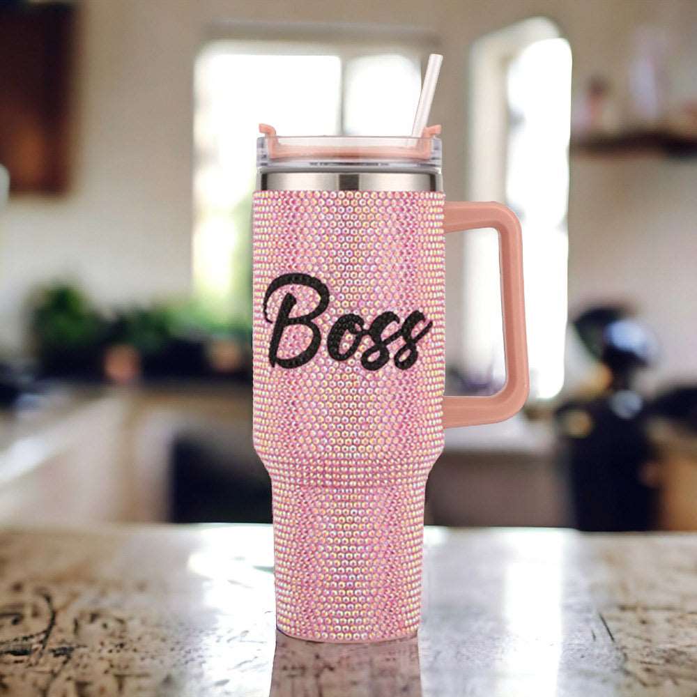 Boss Pink Rhinestone 40 oz Stainless Steel Tumbler with Straw and Lid - Insulated Travel Mug for Women, Gym, Office & Outdoor Activities