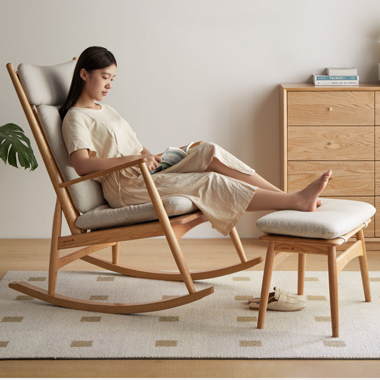 Solid Oak Wood Genuine Leather Rocking Chair - Handcrafted Comfort for Living Room, Nursery & Porch Relaxation