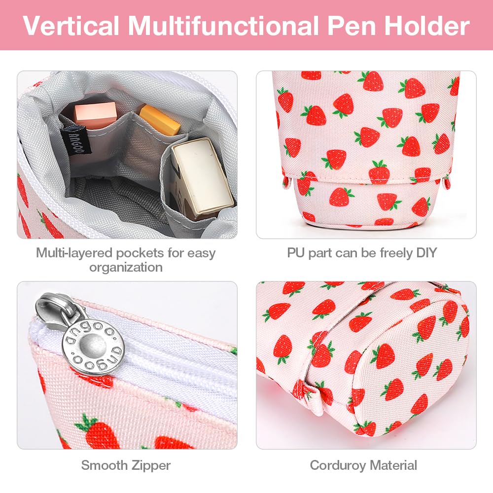 Kawaii Standing Pencil Case for Kids - Bubble Tea Pen Holder & Makeup Pouch (Strawberry) for School & Office