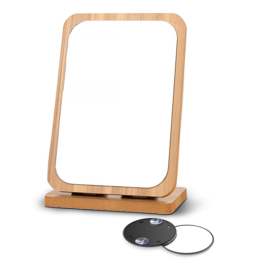 Double Sided Makeup Mirror with Stand - 90° Rotating Wooden Vanity Mirror for Bathroom & Dressing Table - HD Tabletop Mirror with Frame - Perfect for Makeup Application, Skincare Routine & Home Decor
