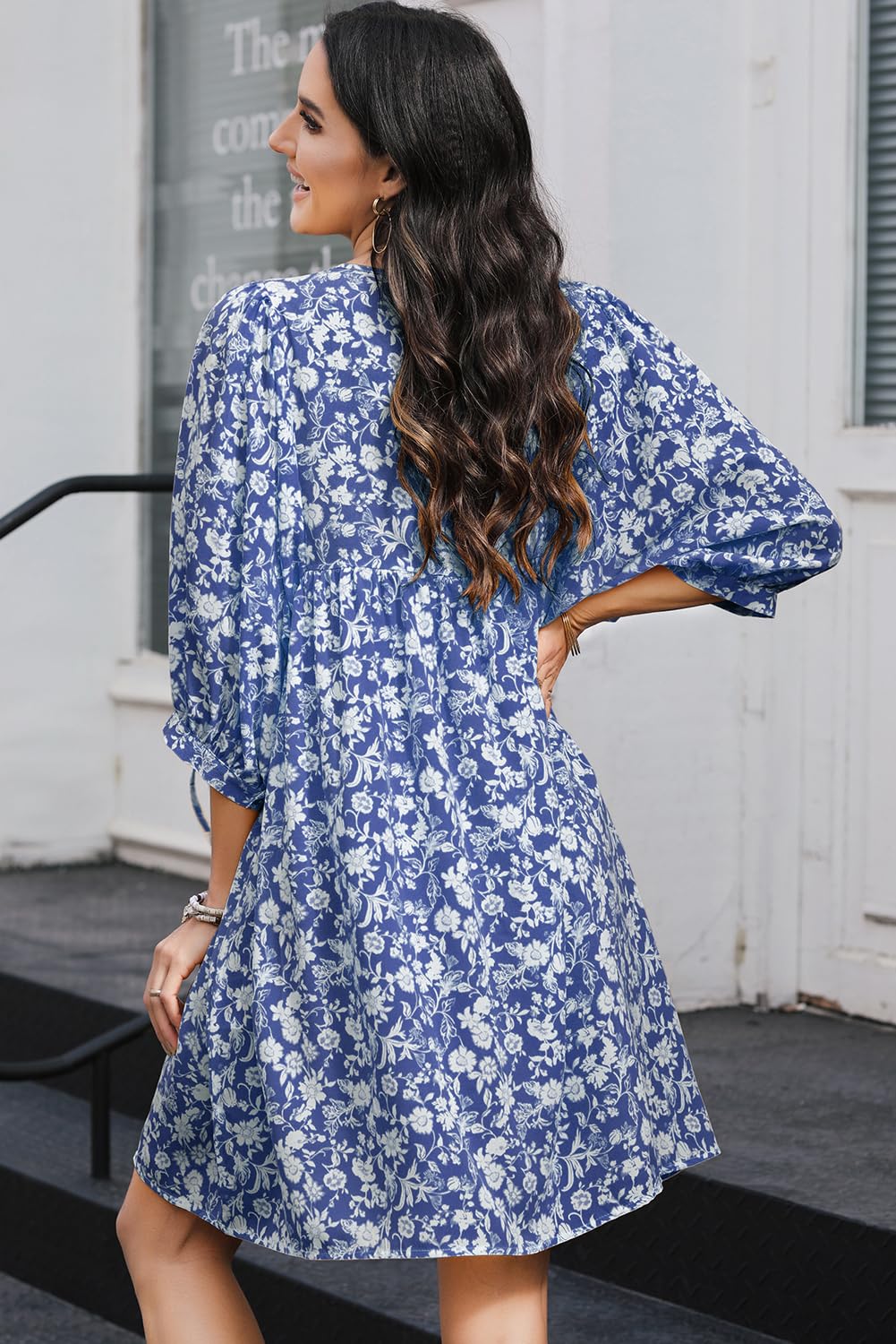 Dokotoo Women's Summer Dress 2025 - Boho Floral Chiffon Mini Dress with V-Neck, Drawstring & Lantern Sleeves | Beach Vacation, Party, Casual Wear Sundress
