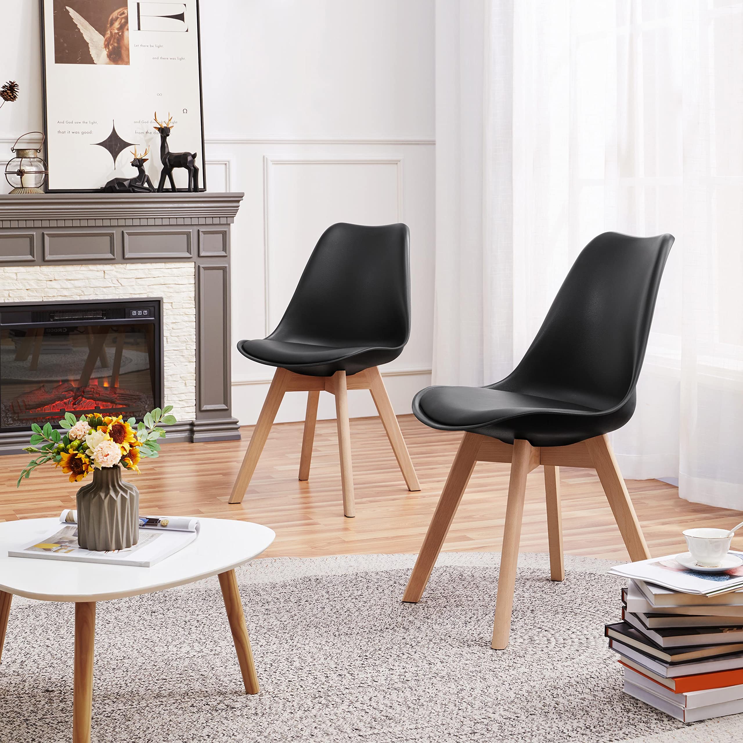 Topeakmart Mid Century Modern Dining Chairs Set of 4 - Black DSW Shell Armless Chairs with Beech Wood Legs & Soft Padded Seat for Dining Room, Living Room, Bedroom or Kitchen - Comfortable & Stylish Home Furniture for Everyday Use & Entertaining