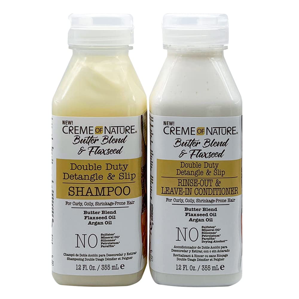 Creme of Nature Butter Blend & Flaxseed Shampoo and Conditioner Set for Curly, Coily, Shrinkage-Prone Hair – Hydrating Styling Bundle (2-Piece) – Perfect for Daily Hair Care & Natural Curl Definition