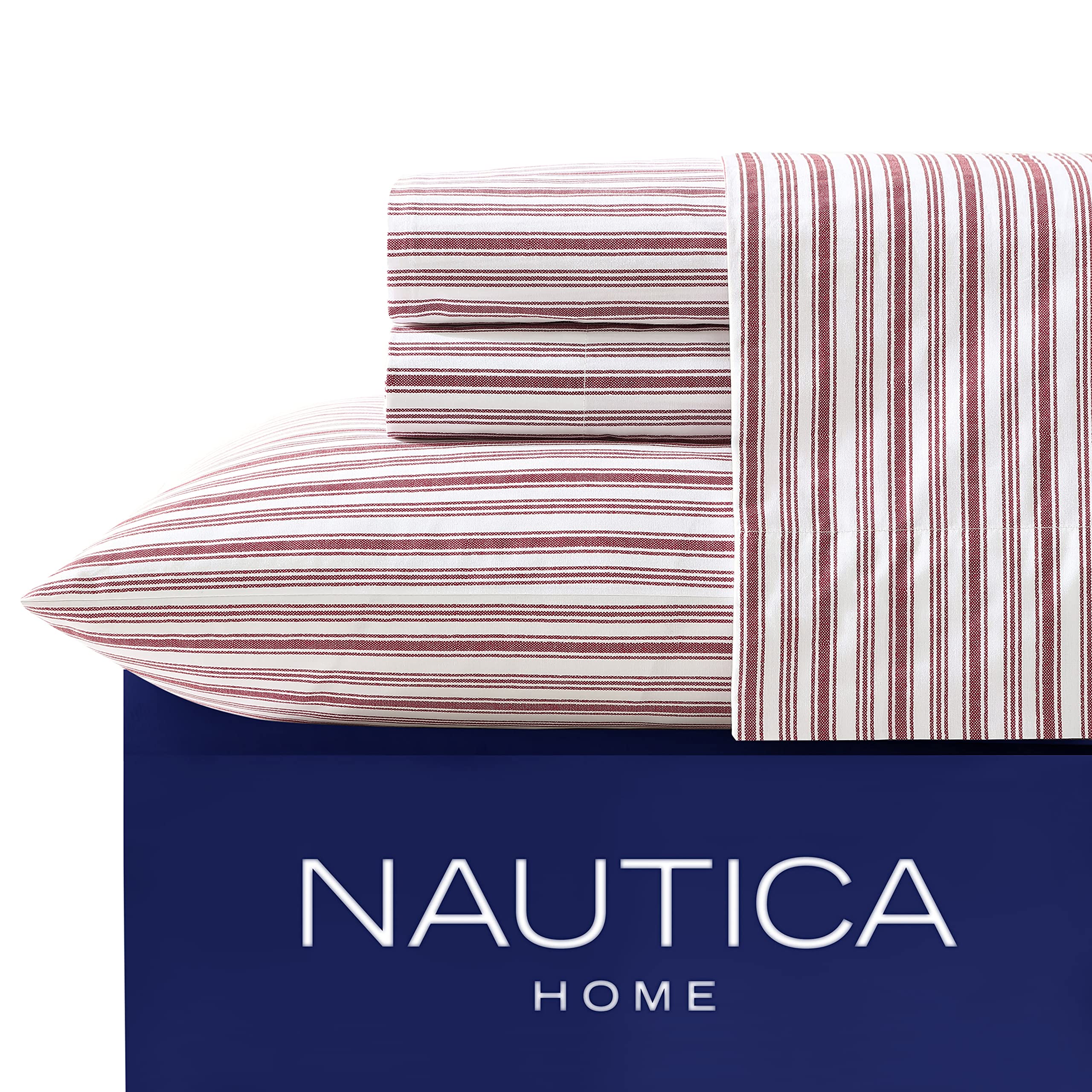 Nautica King Cotton Percale Sheets - Red Striped Bedding Set for Cozy Home Decor