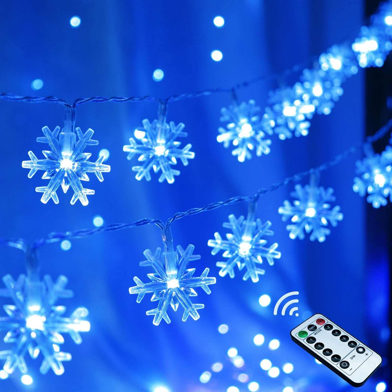 Blue Christmas Snowflake Lights - 20 FT 40 LED Battery Operated Fairy String Lights with Remote, 8 Lighting Modes, Waterproof for Indoor Outdoor Xmas Tree Decor - Perfect for Bedroom, Wall, Party & Holiday Decorations