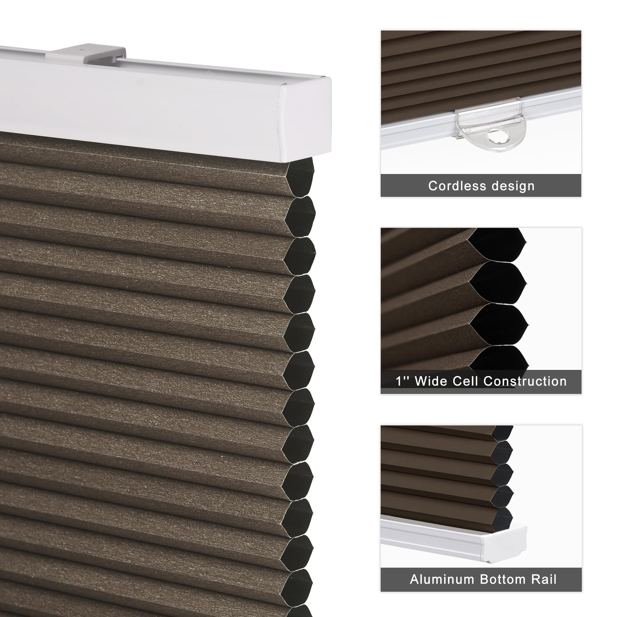 No Drill Cordless Cellular Shades - Blackout Honeycomb Window Blinds 52