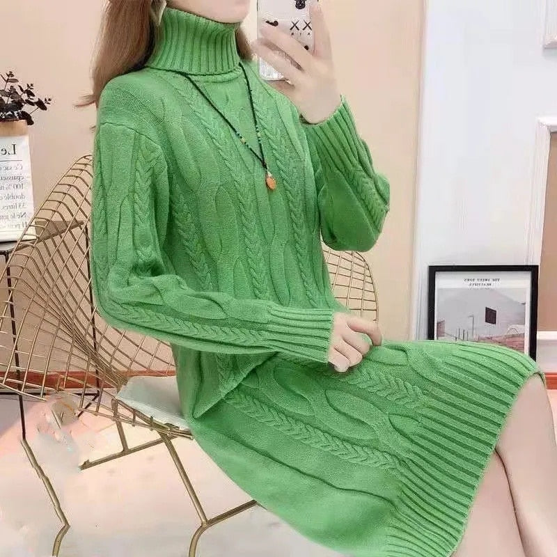 Women's Solid Color Turtleneck Knit Sweater Dress - Warm Winter Pullover Dress for Casual Outings & Office Wear