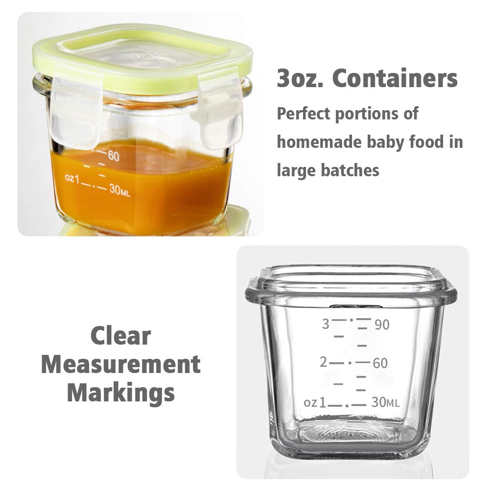 Matyz 4-Pack Glass Baby Food Containers with Airtight Lids & Stackable Tray - 3oz Freezer Safe Storage Jars for Infants & Toddlers - BPA-Free Reusable Meal Prep Containers (Mint Green) - Perfect for Homemade Purees, Snacks & Daycare Lunches