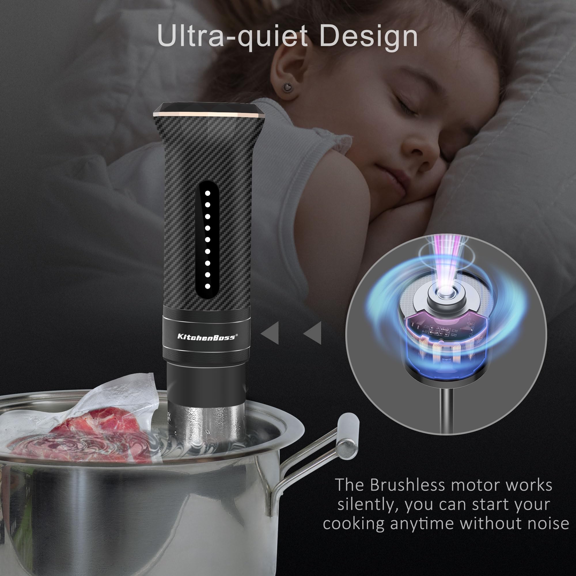 KitchenBoss Sous Vide Precision Cooker - Ultra Quiet 1100W Immersion Circulator with IPX7 Waterproof & Stainless Steel Design (120V) - Perfect for Home Chefs, Meal Prep & Restaurant-Quality Cooking