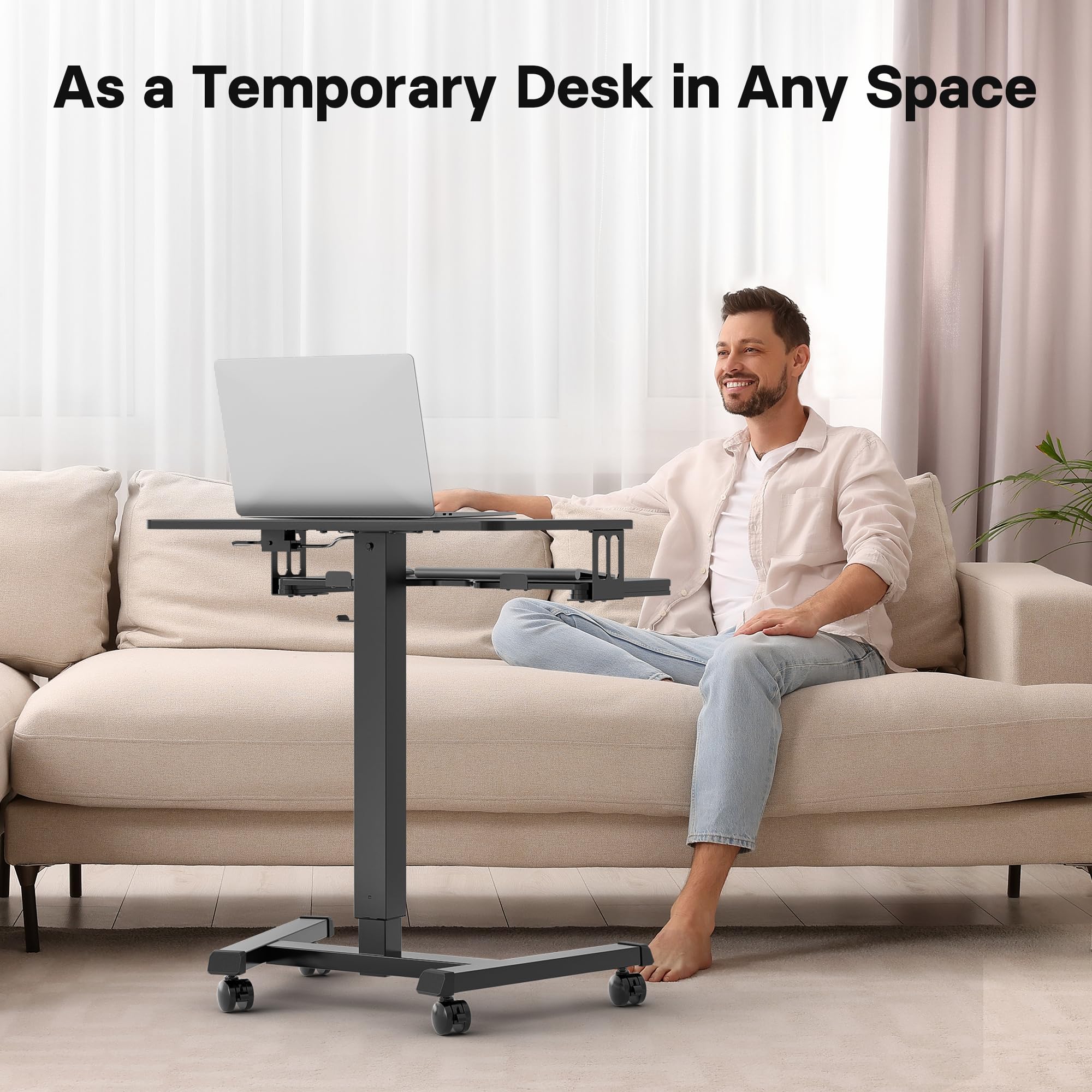 Adjustable Height Mobile Desk with 4 Wheels - 65x45cm Portable Standing Workstation with Keyboard Tray, Perfect for Home Office, Living Room & Bedroom - Ideal for Remote Work, Gaming & Study