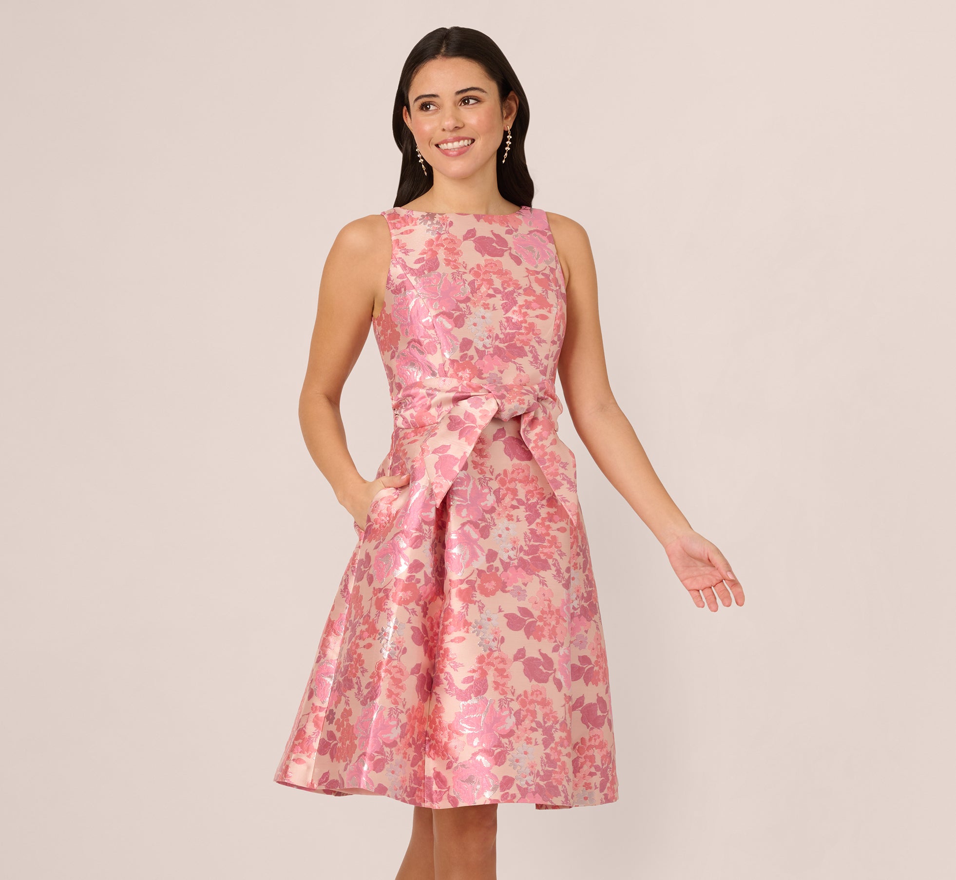 Floral Jacquard Sleeveless Fit and Flare Dress - Pink Multi Color, Women's Summer Party Dress for Weddings, Cocktails & Outdoor Events