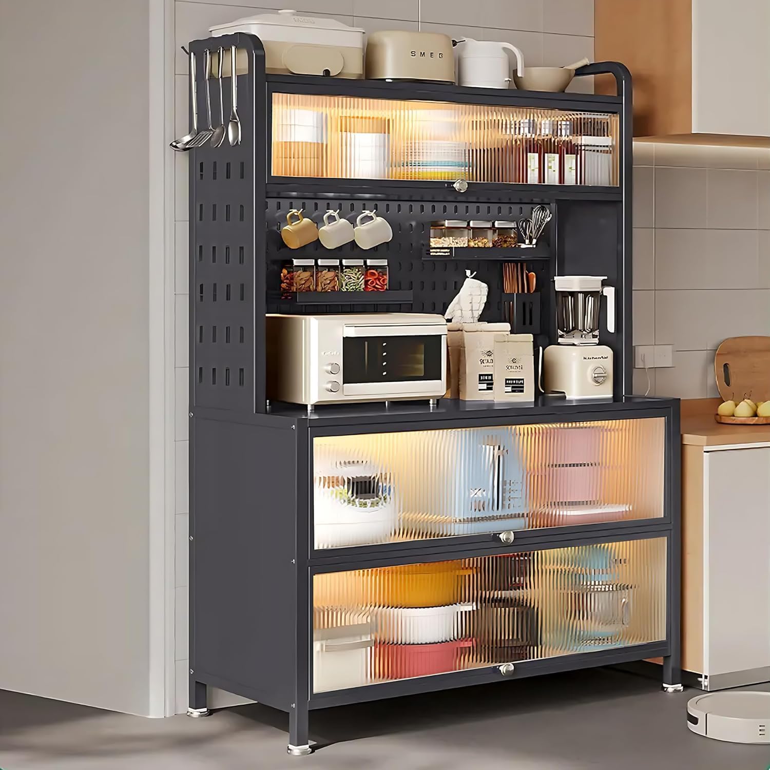 Black Baker's Rack with Storage & Flip Door - Kitchen Storage Cabinet with Microwave Shelf for Home, Office, Pantry & Garage - Perfect for Small Space Organization & Kitchen Hutch Storage