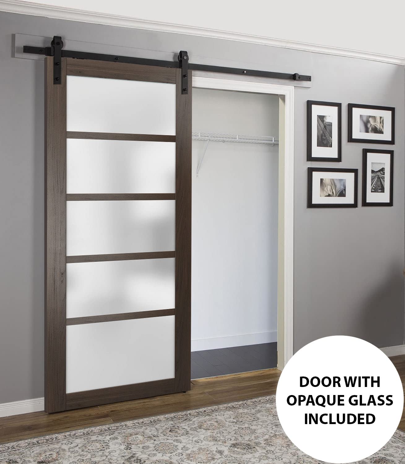 32 x 84 Inch Frosted Glass Barn Door with Quadro 4002 Chocolate Ash Finish | Heavy Duty Top Mount 6.6FT Rail & Hangers Hardware Set | Solid Panel Interior Sliding Door for Bedroom, Closet, or Office Partition