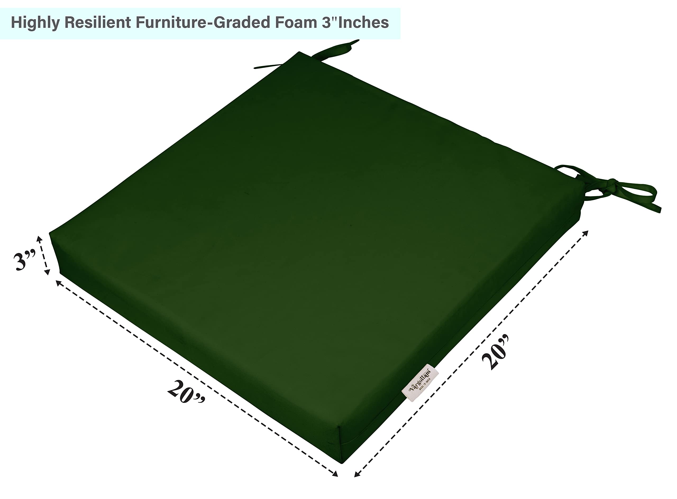 Premium 20x20 Inch Indoor/Outdoor Chair Cushions with Ties - Square Patio Seat Cushions Set of 2, Dark Green - Perfect for Garden Furniture, Deck Chairs & Outdoor Lounging