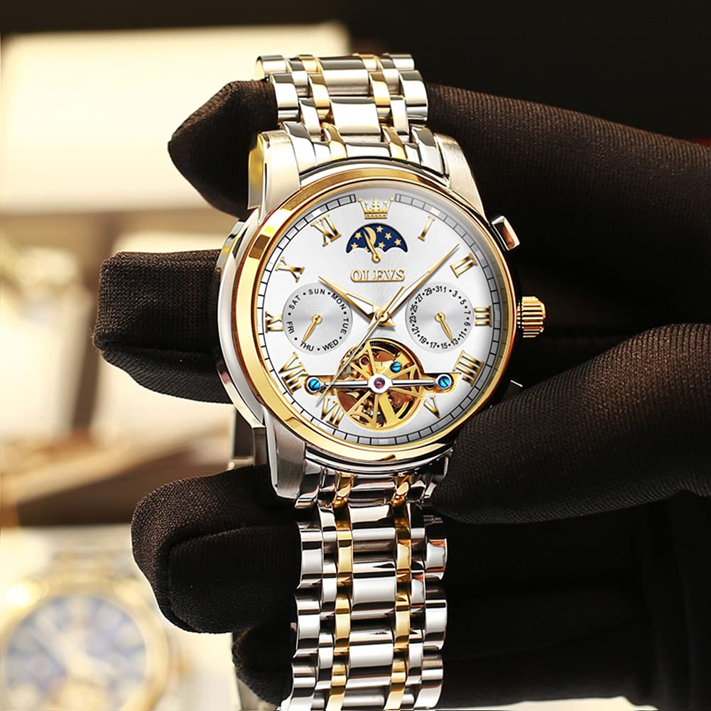 OLEVS Men's Automatic Mechanical Tourbillon Watch - Self-Winding Luxury Stainless Steel Waterproof Wristwatch with Luminous Hands & Date Display - Perfect for Business, Formal Events & Everyday Wear