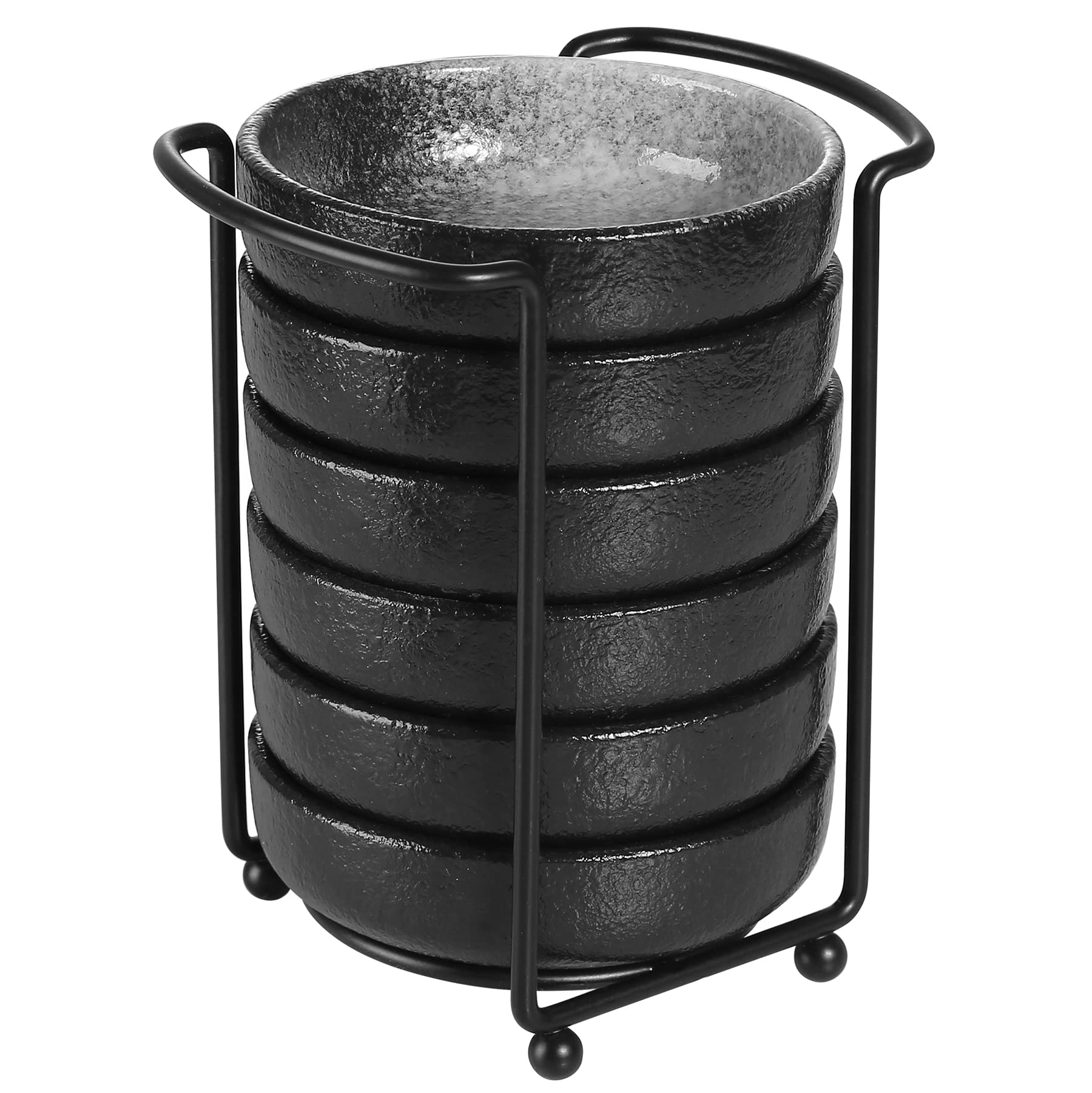 Premium Japanese Ceramic Dipping Bowls Set of 6 - 3.5 Inch Small Side Dishes with Metal Stand for Soy Sauce, Ketchup & Condiments | Perfect for Sushi, BBQ, Party Appetizers & Asian Dining Experience | Elegant Black & White Design