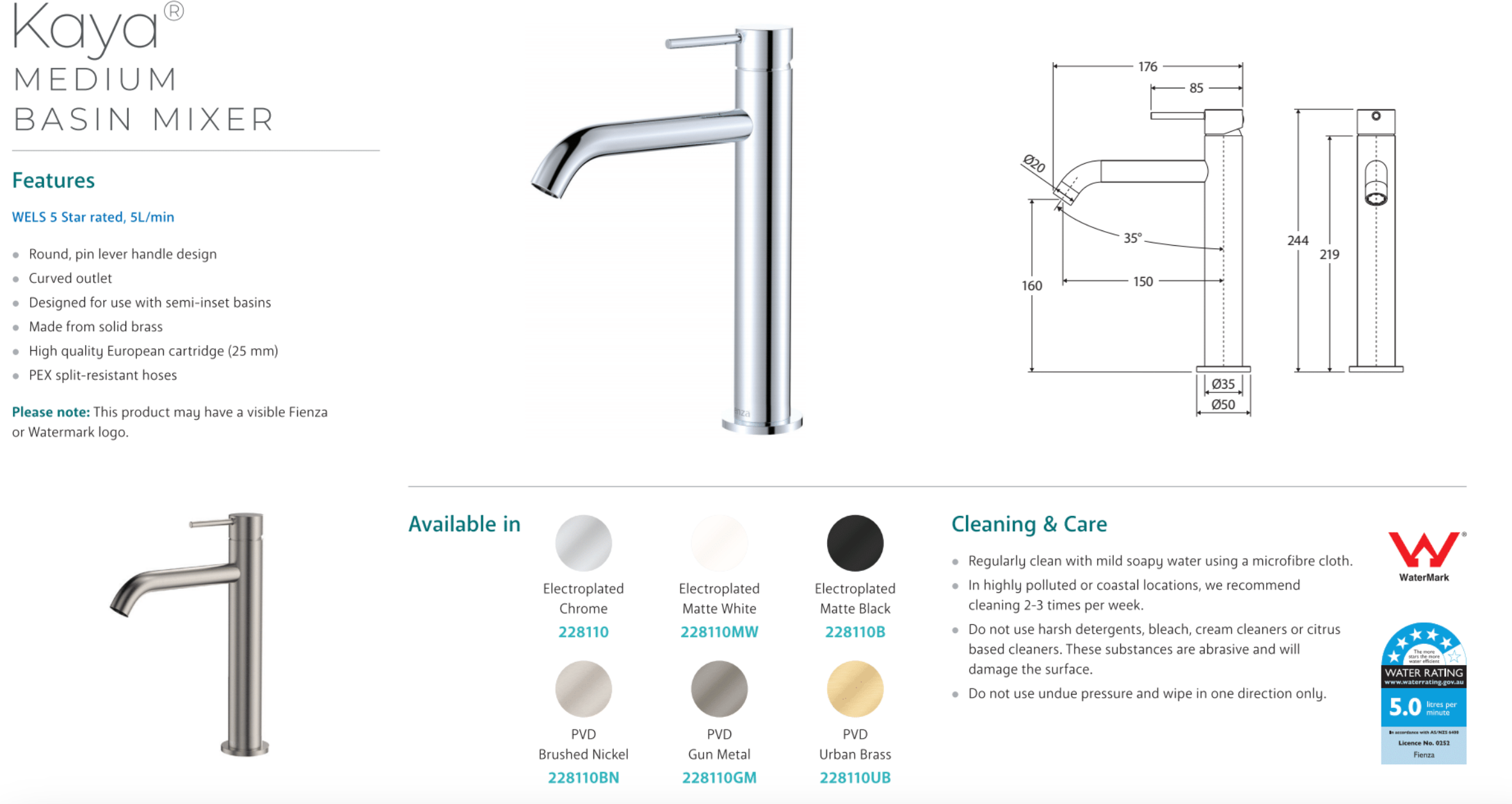 Fienza 228110BN Kaya Basin Medium Mixer Faucet in Brushed Nickel - Perfect for Kitchen Sink, Bathroom Vanity & Utility Sink Installation