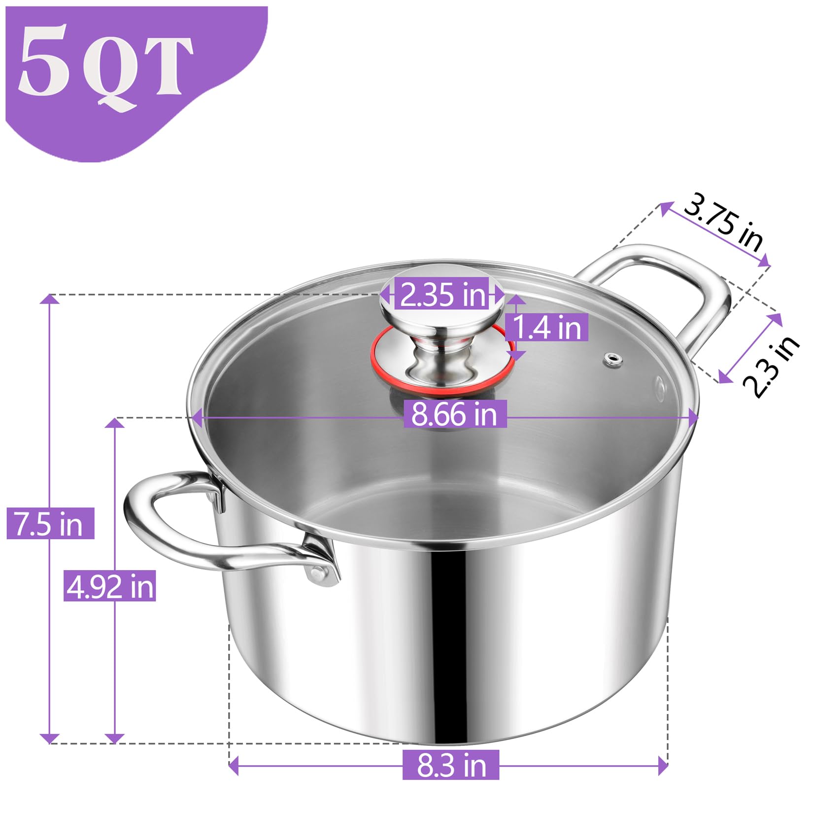 **P&P CHEF 5-Quart Tri-Ply Stainless Steel Stockpot with Glass Lid – Induction Compatible Soup, Pasta & Vegetable Pot for All Stoves – Sturdy Double Handles & Dishwasher Safe – Ideal for Home Cooking & Meal Prep**