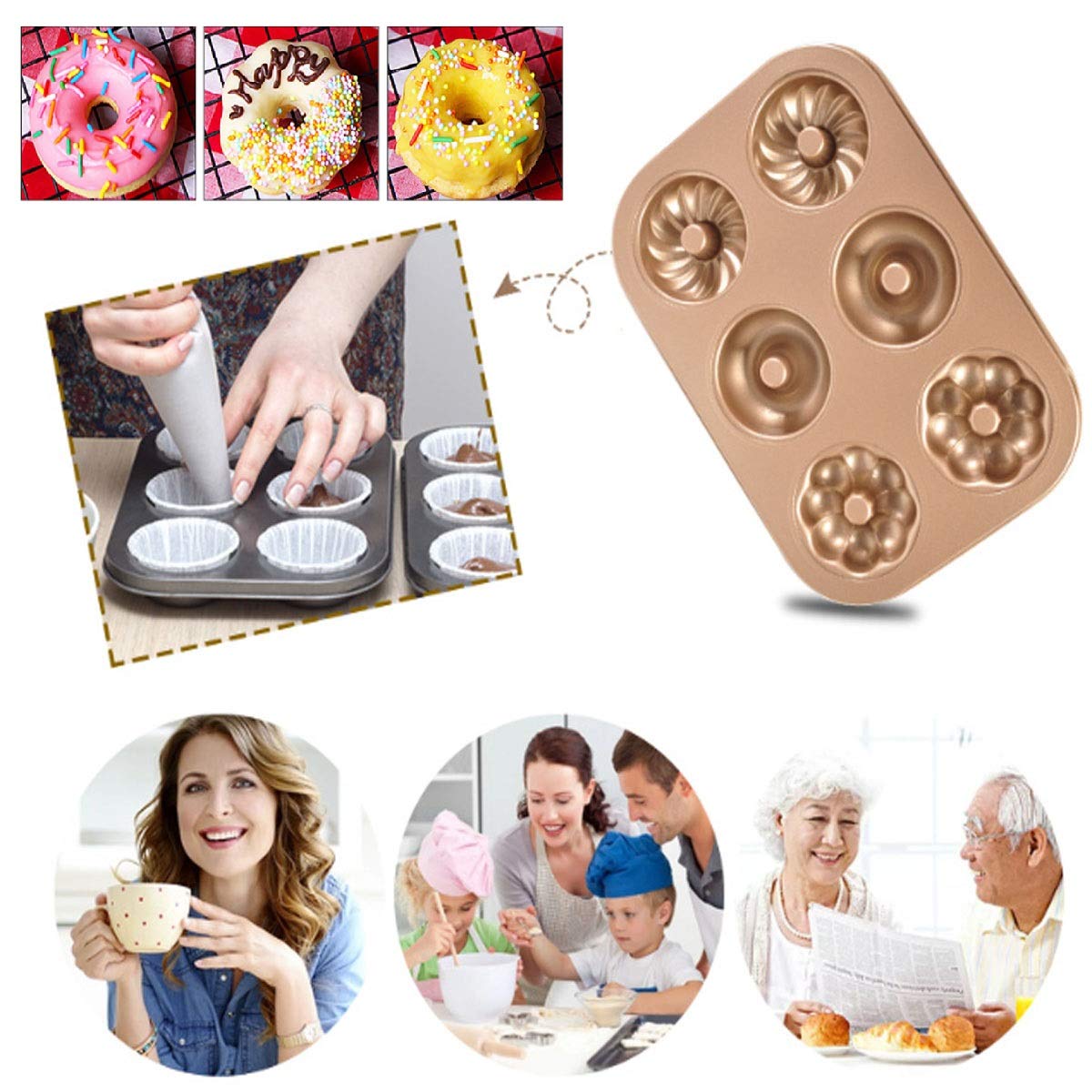 Lnndong 6-Position Non-Stick Donut Baking Pan Set - Carbon Steel Hollow Cake Mold for Doughnuts, Cupcakes & Pastries | Perfect for Home Baking, Party Treats & Holiday Desserts (2-Pack)