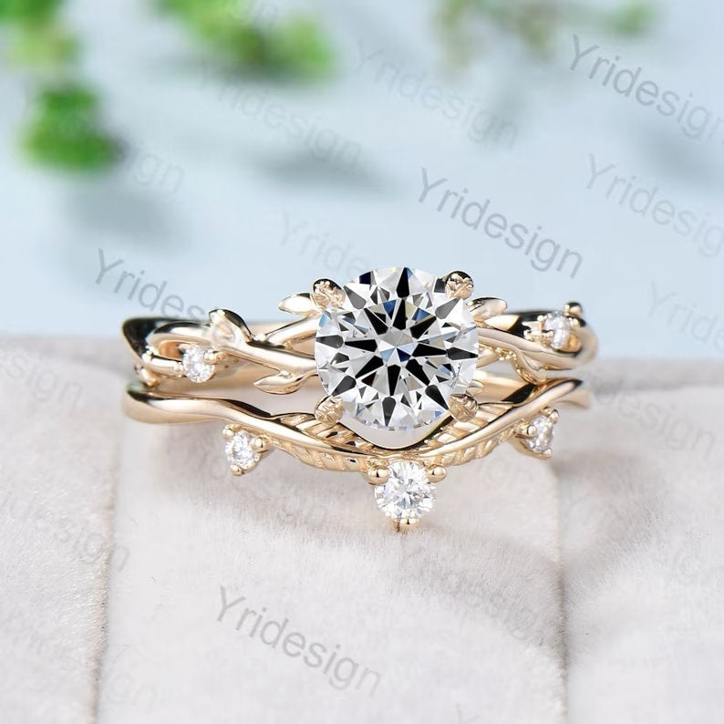 IGI Certified Lab Grown Diamond Engagement Ring Set - Nature Inspired Branch & Leaf Design Wedding Band - Unique Twig Bridal Jewelry for Eco-Conscious Couples | Perfect for Proposals, Anniversaries & Sustainable Weddings