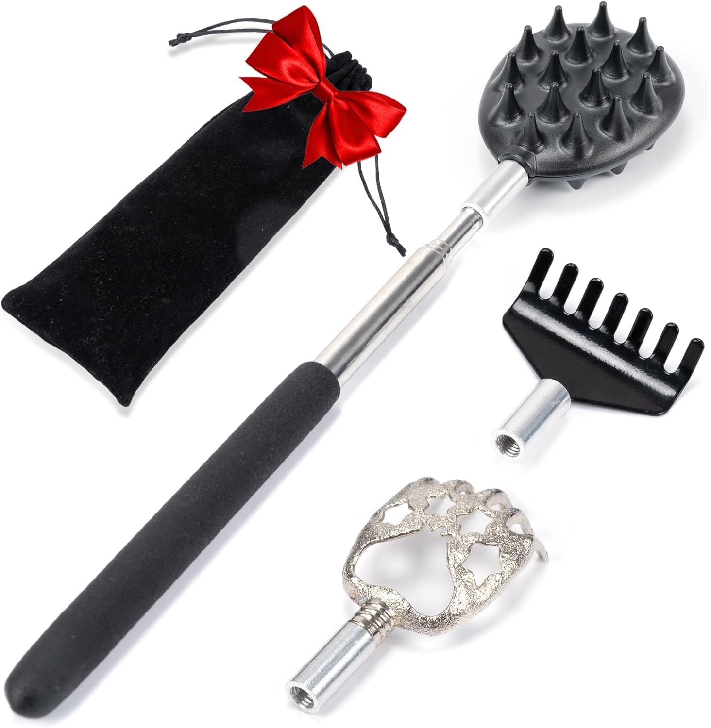 3Pcs Detachable Head Back Scratcher for Men & Women - Adjustable Telescoping Bear Claw & Rake Dual-Sided Design with Muscle Relief - Perfect for Back Itching, Massage & Relaxation at Home/Office/Travel (Black & Silver)