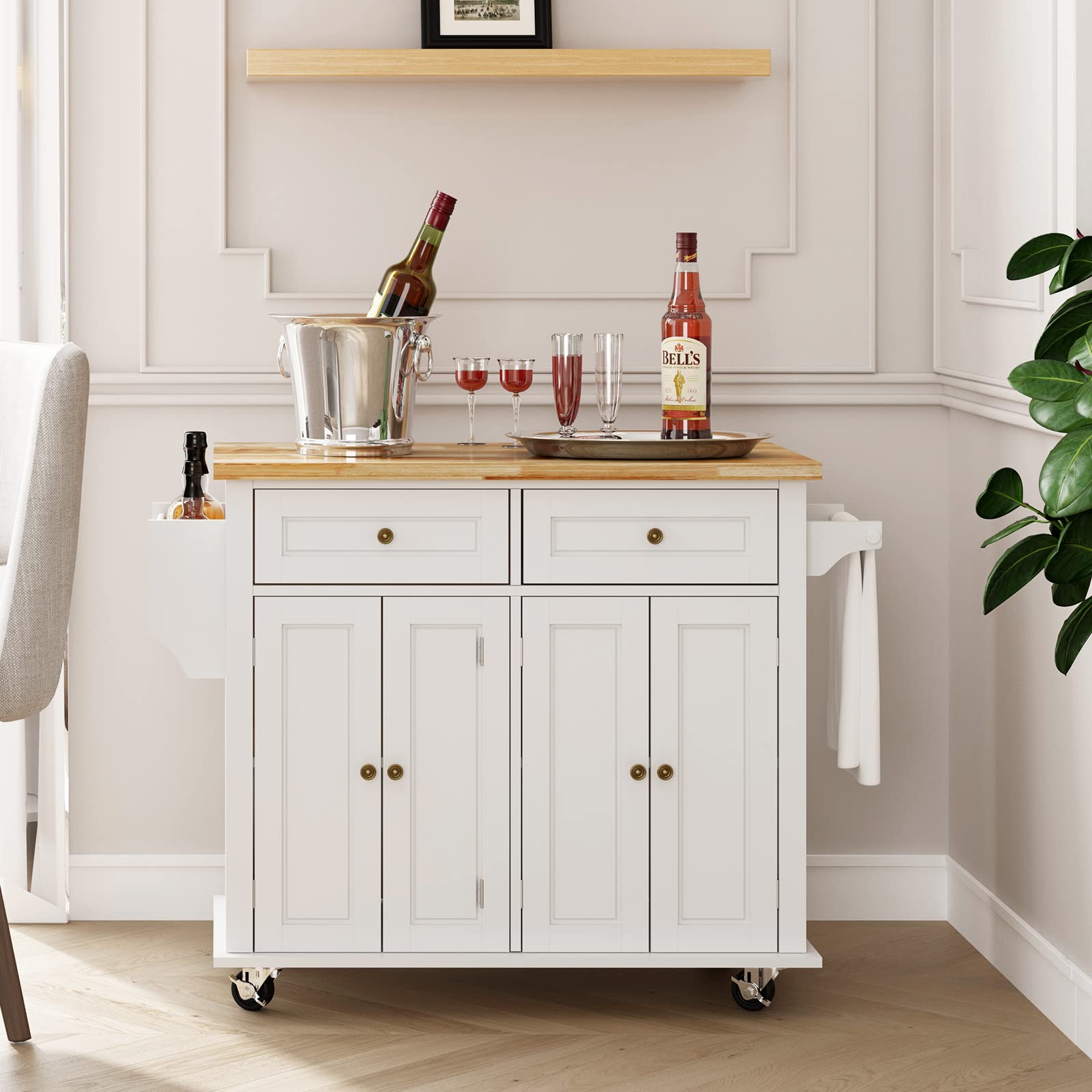 DlandHome Rolling Kitchen Island Cart with Storage Drawer, Wheels, Towel Holder & Spice Rack - Mobile Kitchen Organizer for Small Spaces, Apartments & Cooking Prep