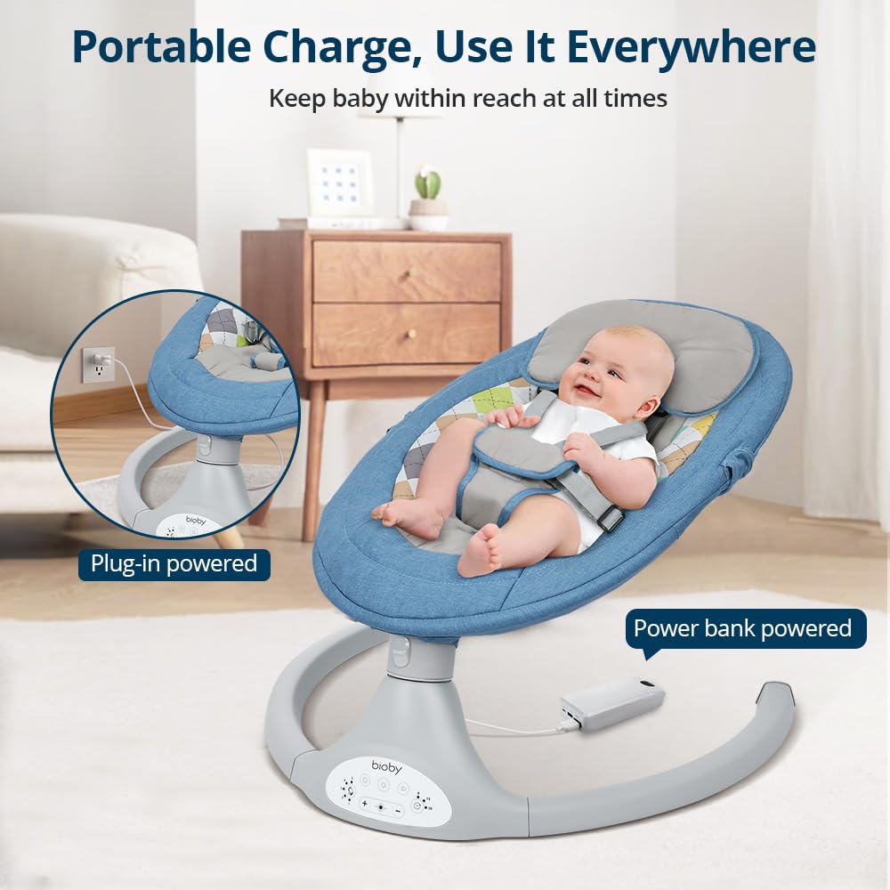Bioby Baby Swing for Infants 0-12 Months - Portable Infant Rocker with 5 Speed Settings, Bluetooth Music, Remote Control & 5-Point Safety Harness - Lightweight Baby Bouncer for Newborns 5-20 lbs (Blue) - Perfect for Nursery, Living Room & Travel
