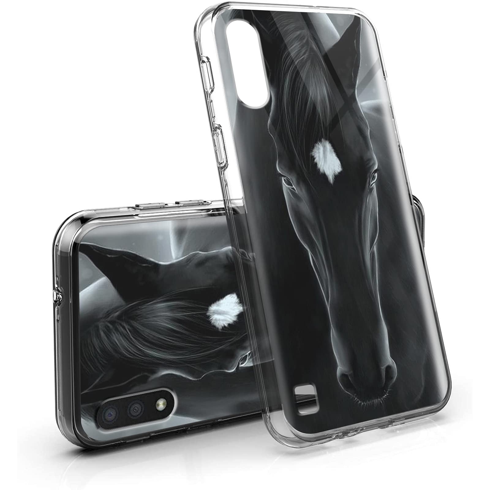 Samsung Galaxy A01 Case - Clear Slim Dual Layer Protective Cover with Black Horse Design | Shockproof Defender Phone Case for Samsung Galaxy A01 5.7