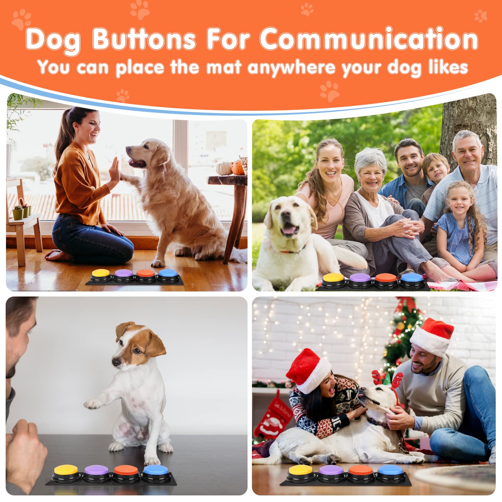Dog Communication Buttons - 4 Recordable Sound Buttons with 24 Training Scenes & Non-Slip Mat for Pet Training | Includes 8 AAA Batteries | Perfect for Teaching Dogs to Talk & Express Needs