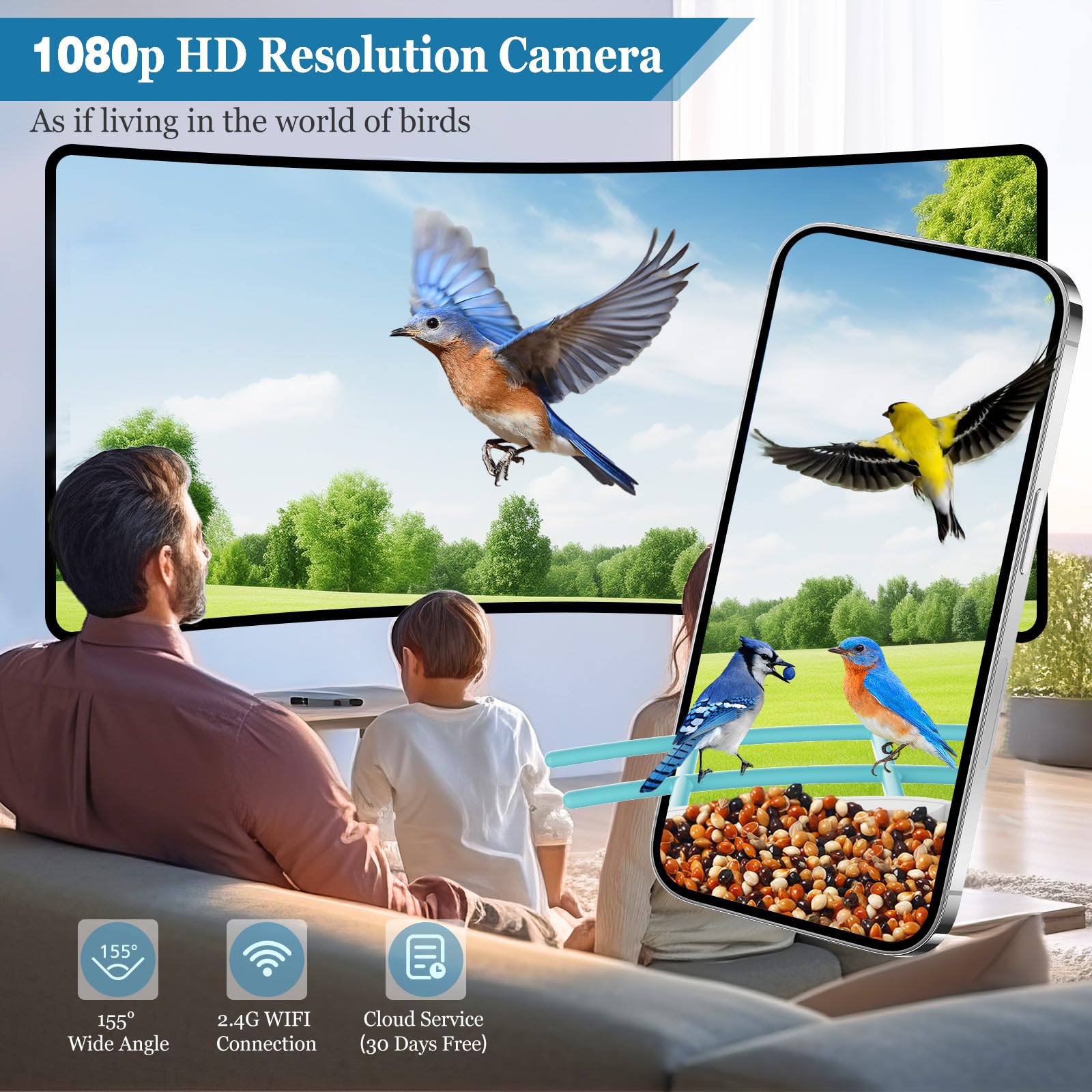 Careboda Smart AI Bird Feeder with Camera - Solar Powered Wireless Outdoor Bird Watching Camera with Motion Detection, Auto Video Capture & 64GB SD Card - Perfect for Backyard Bird Watching & Nature Enthusiasts (Blue)
